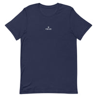 Comfy unisex casual navy Gymplode t-shirt with dual mark imprint, front view