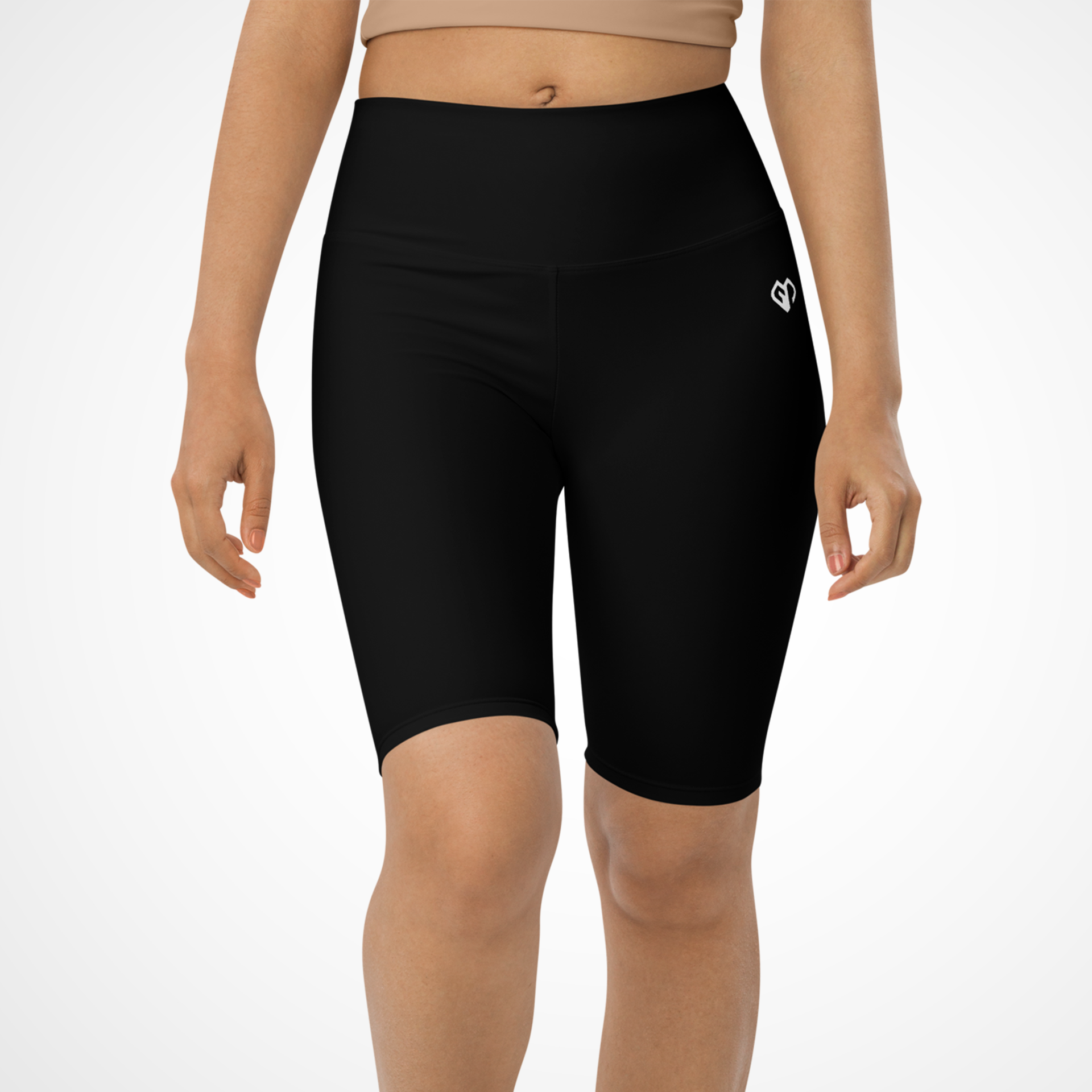 Activewear coming soon black Gymplode shorts with white female model