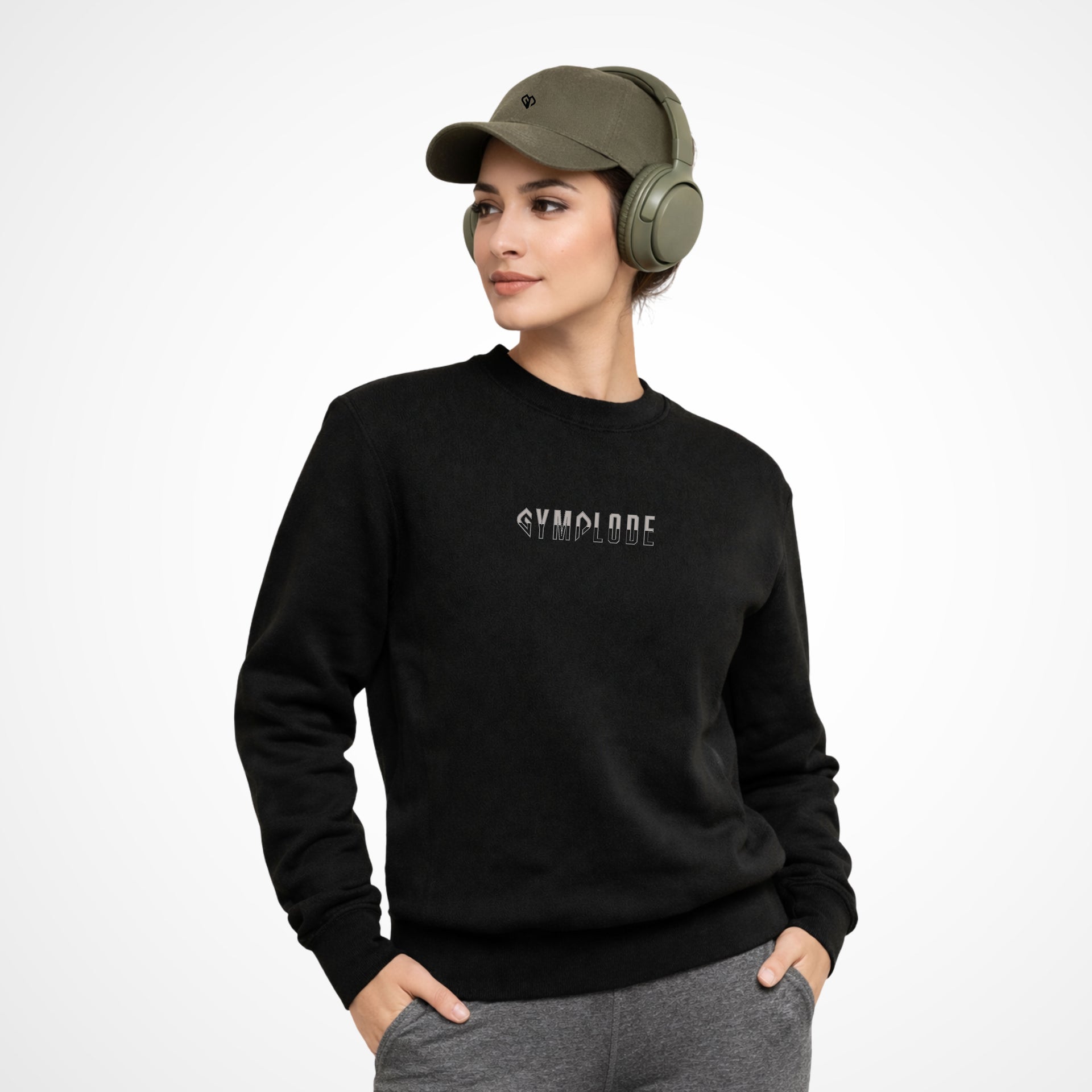 Activewear coming soon black Gymplode sweatshirt with white female model
