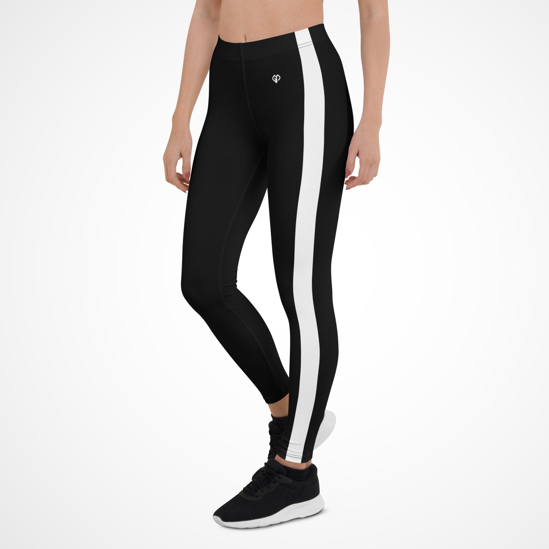 Activewear coming soon black with white stripe Gymplode leggings with white female model