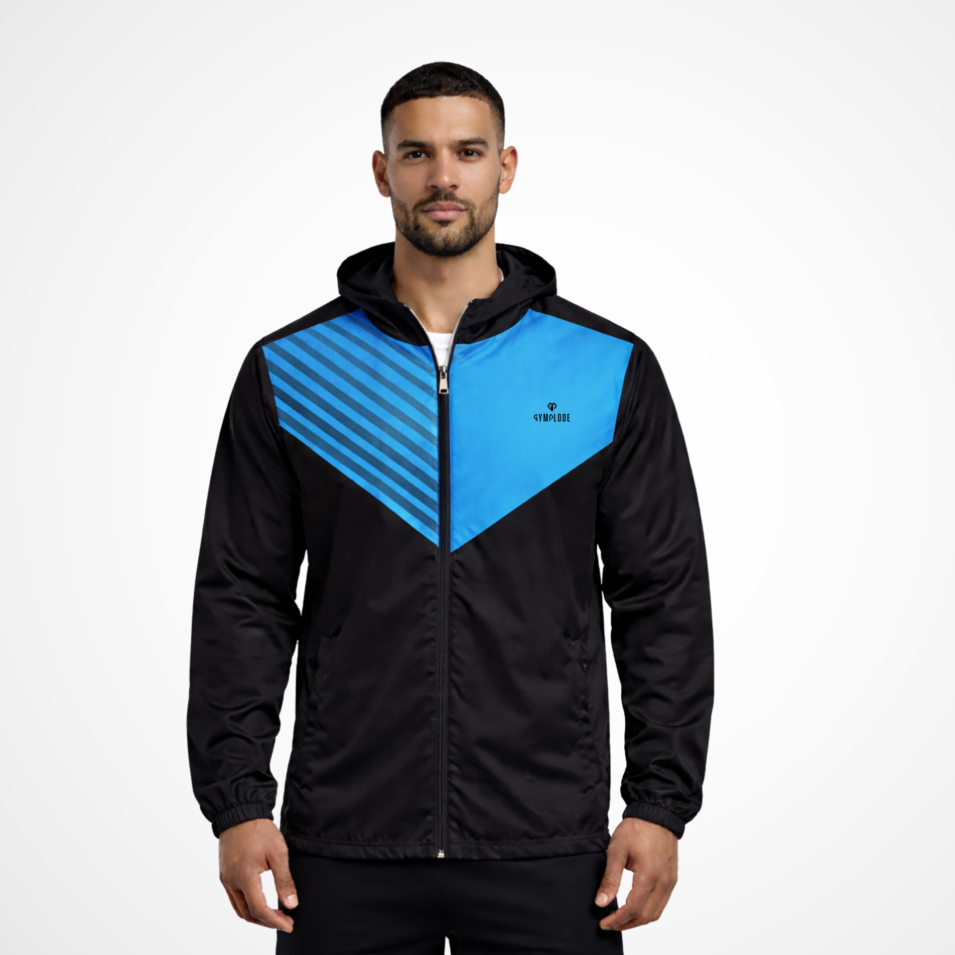 Activewear coming soon blue and black Gymplode jacket with black male model