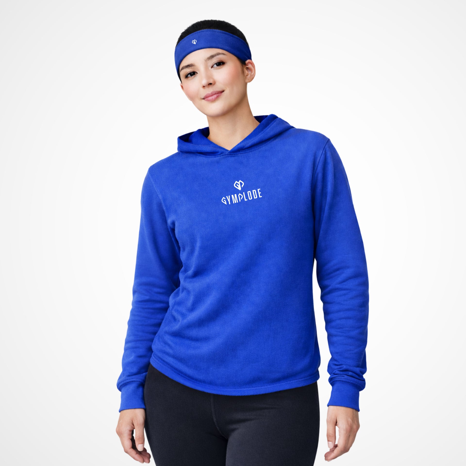 Activewear coming soon blue Gymplode hoodie with Asian female model