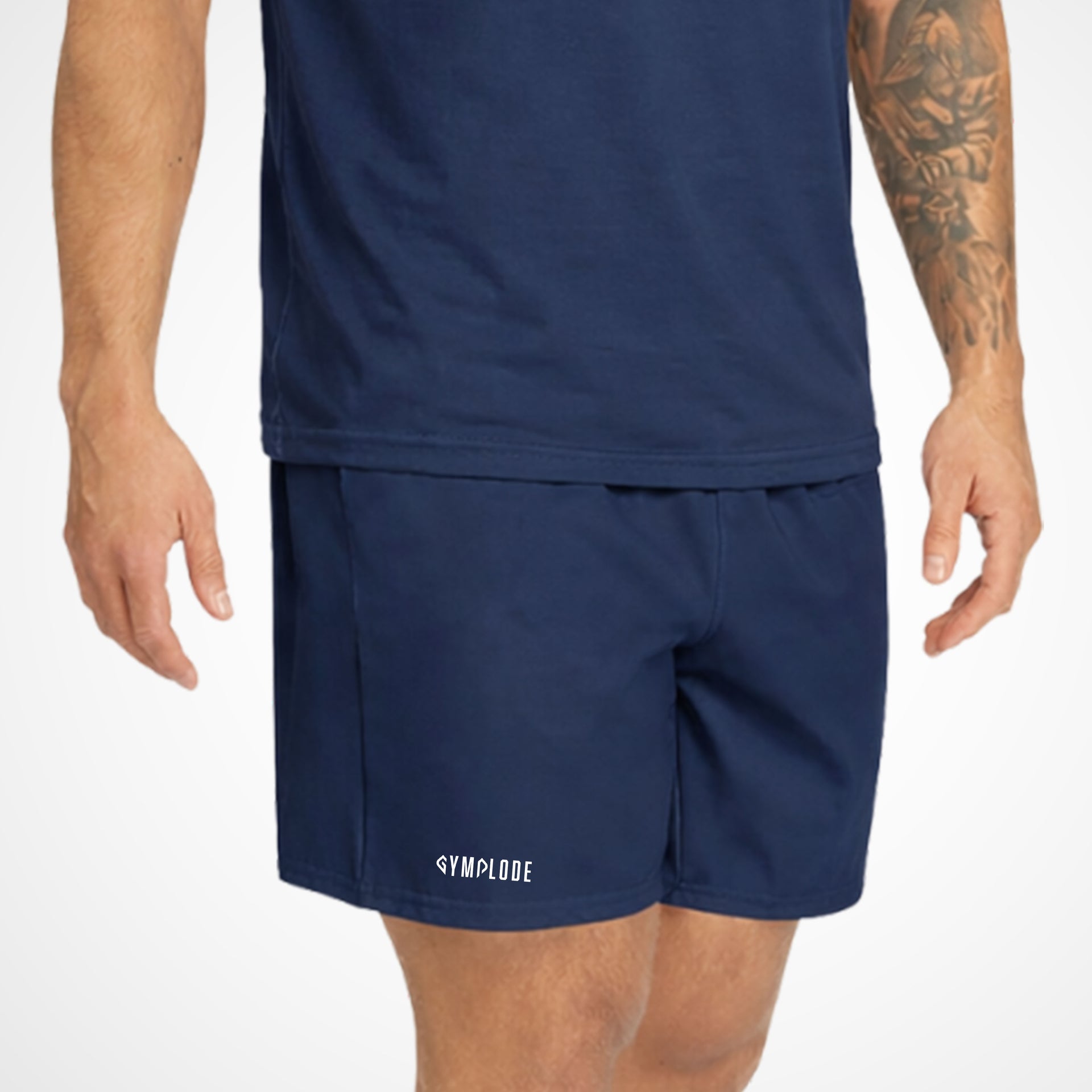 Activewear coming soon blue Gymplode shorts with white male model