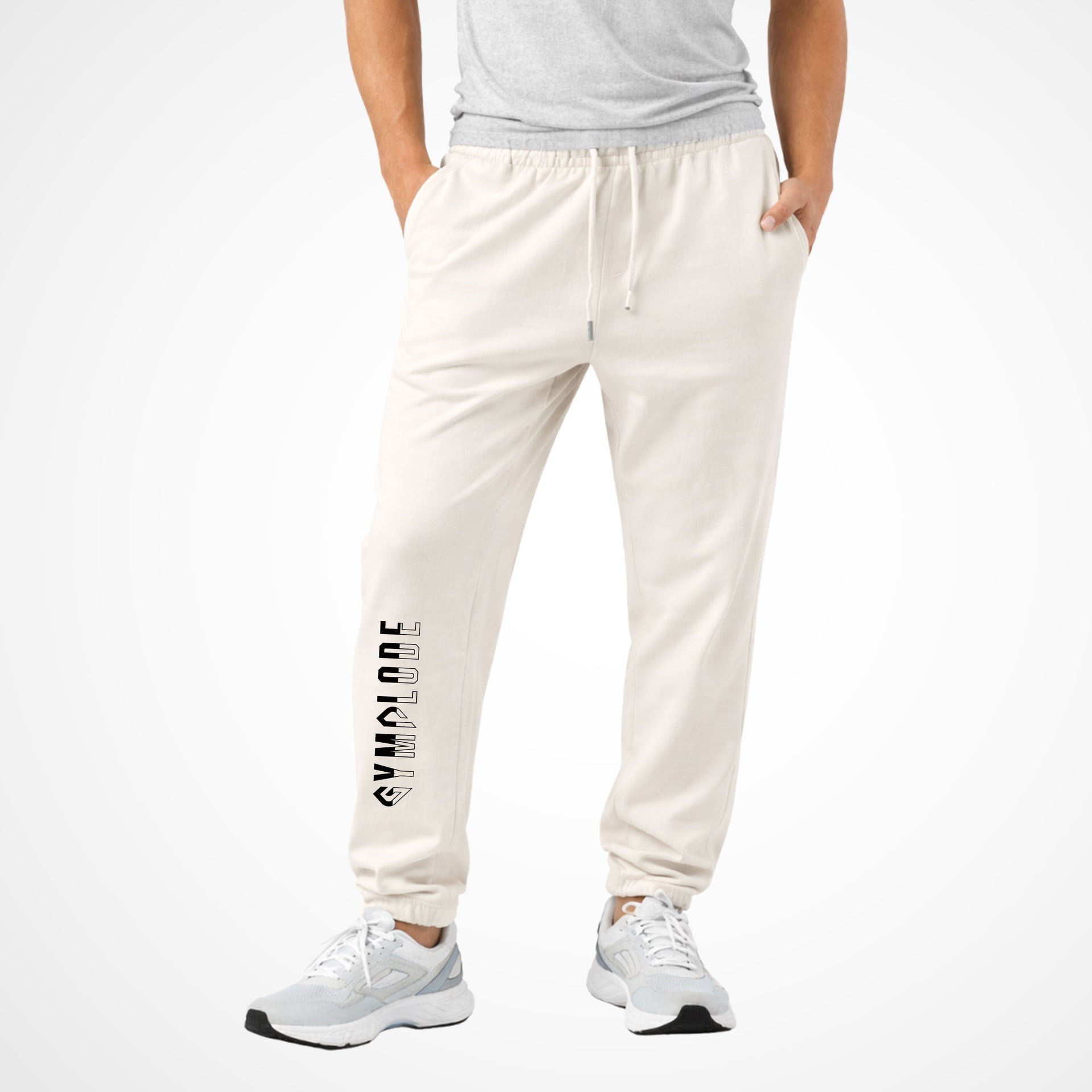 Activewear coming soon cream Gymplode joggers with white male model