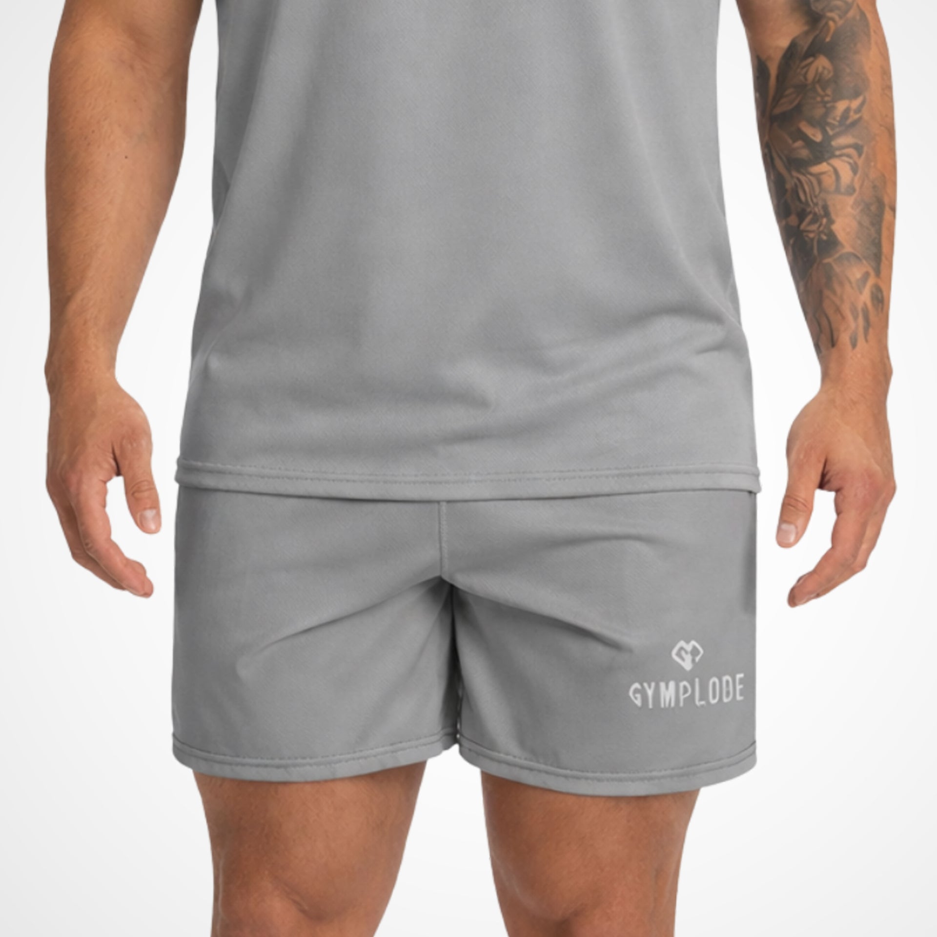 Activewear coming soon grey Gymplode shorts with white male model