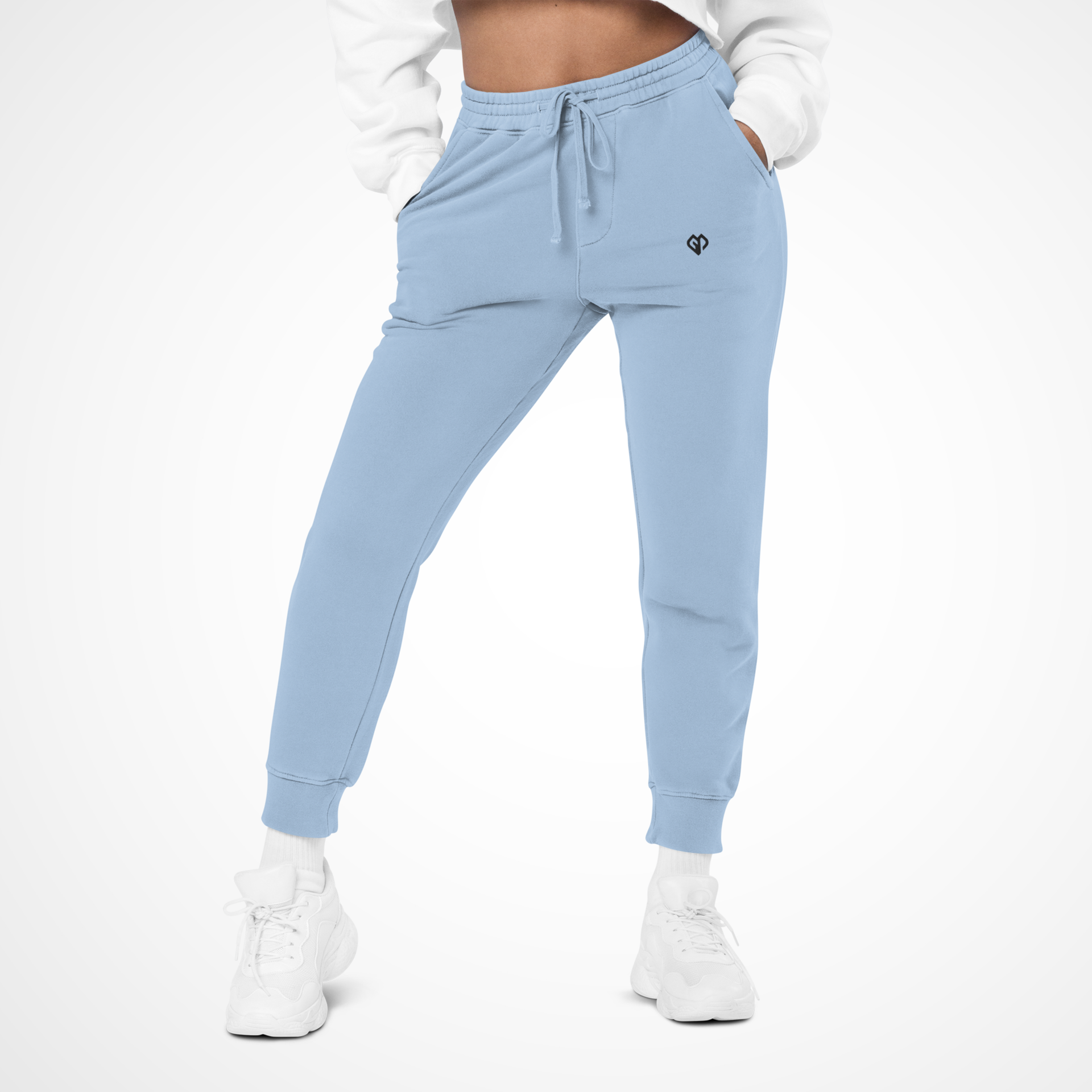 Activewear coming soon light blue Gymplode joggers with white female model