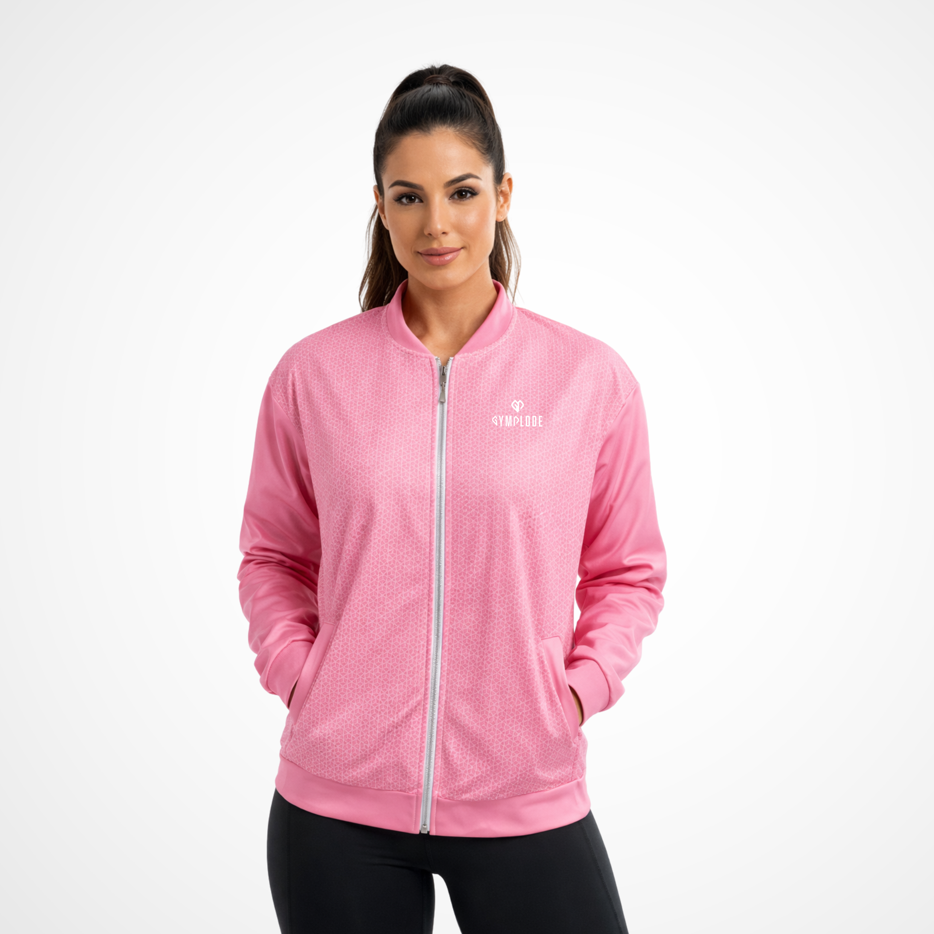 Activewear coming soon pink Gymplode jacket with Hispanic female model