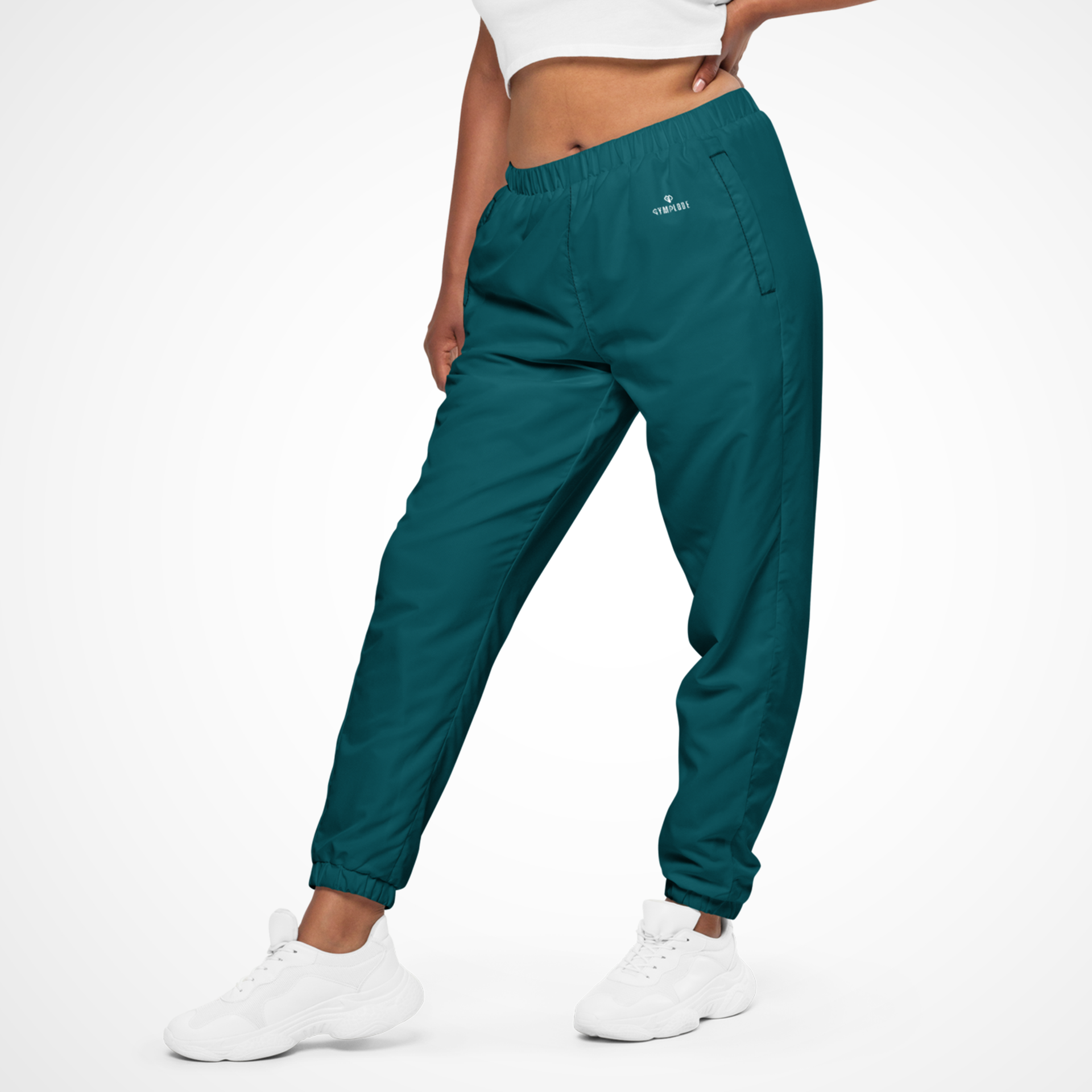 Activewear coming soon teal Gymplode joggers with white female model