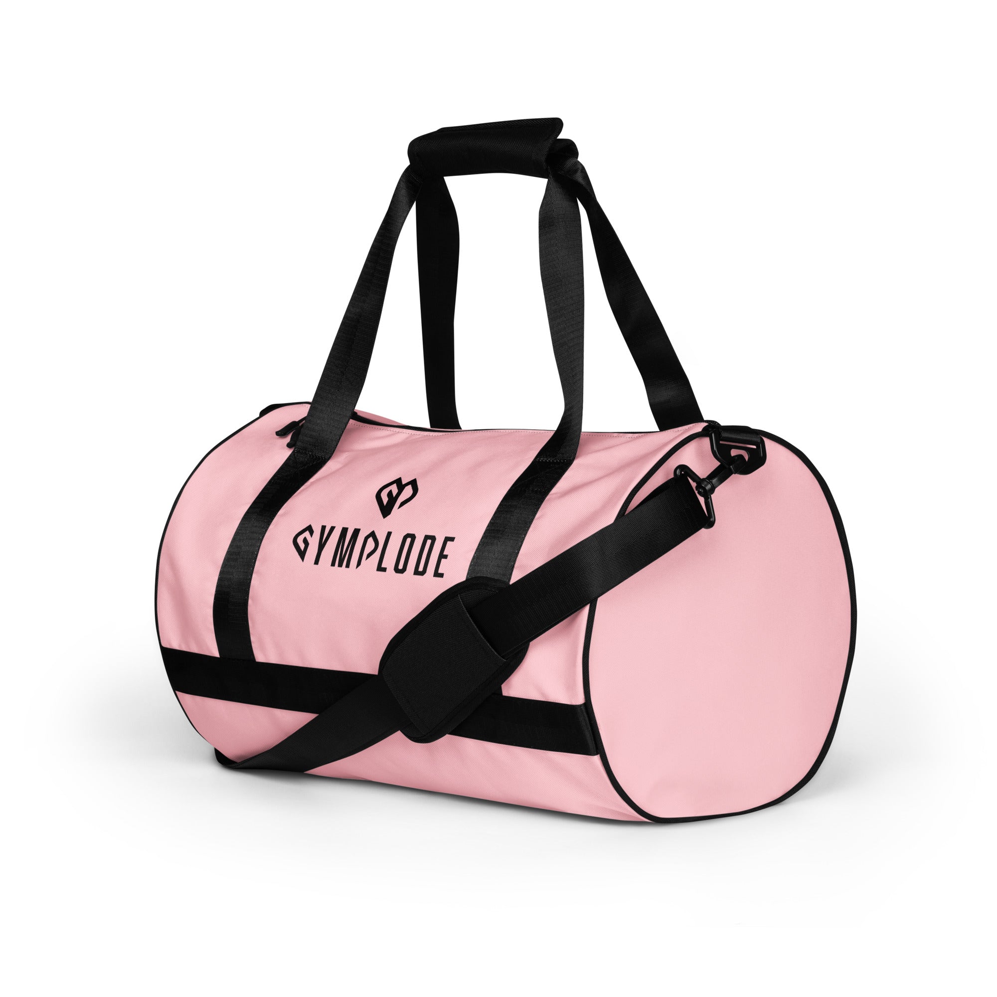 Baby pink rounded end Gymplode duffle bag with dual mark, left front view