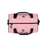 Baby pink rounded end Gymplode duffle bag with dual mark on both sides, top view