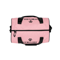 Baby pink rounded end Gymplode duffle bag with dual mark on both sides, top view