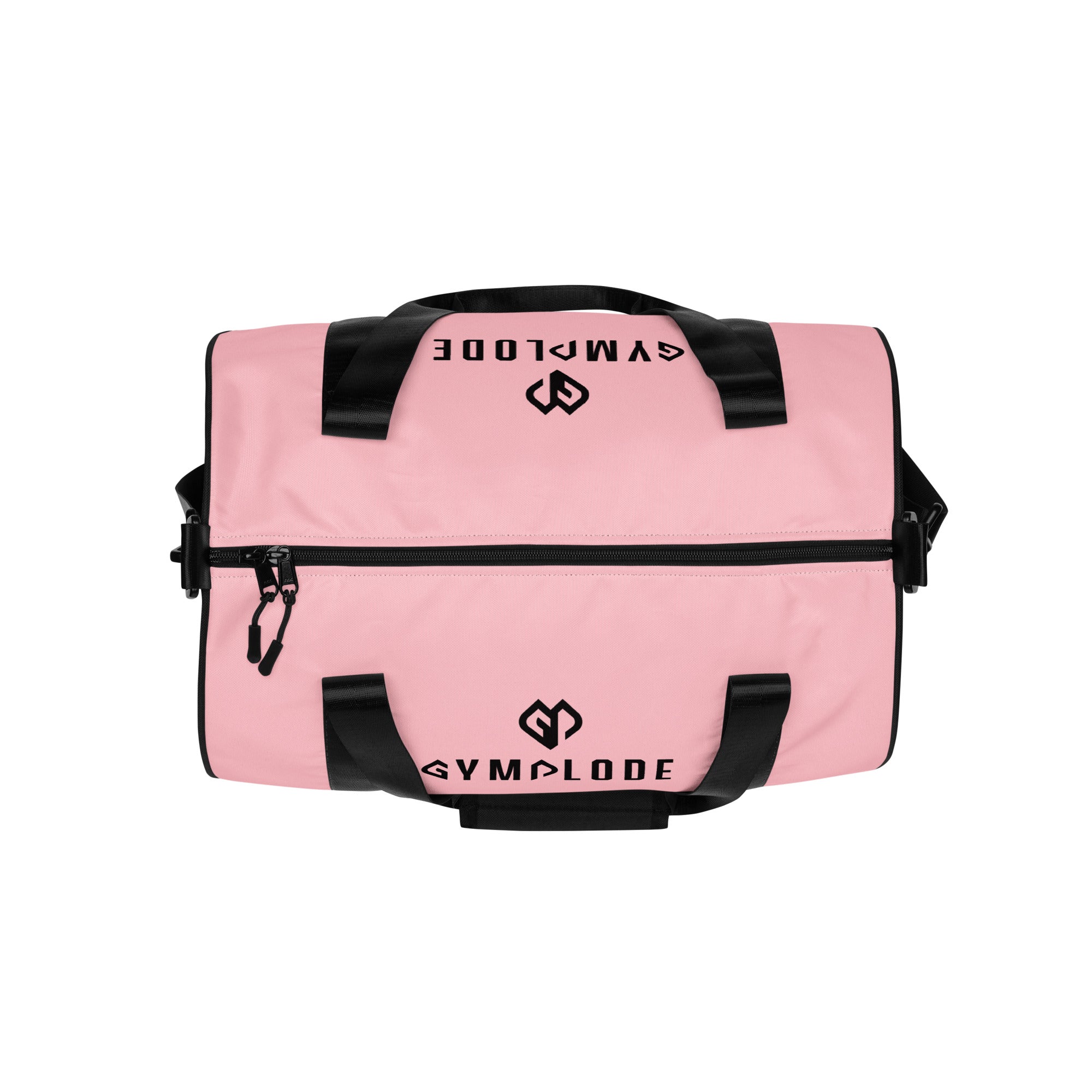 Baby pink rounded end Gymplode duffle bag with dual mark on both sides, top view