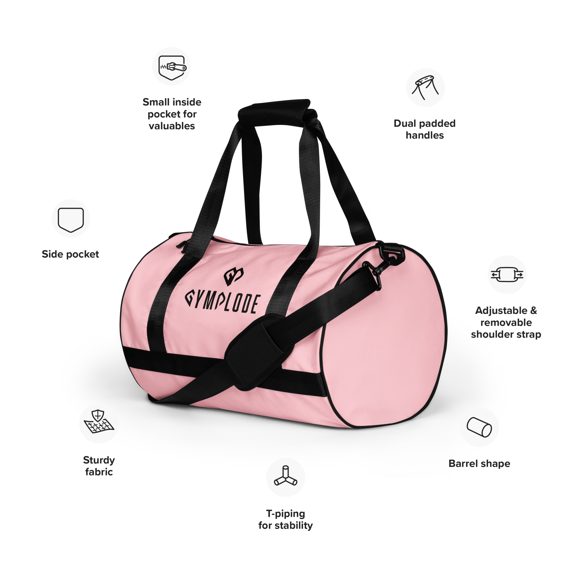 Baby pink rounded end Gymplode duffle bag key features