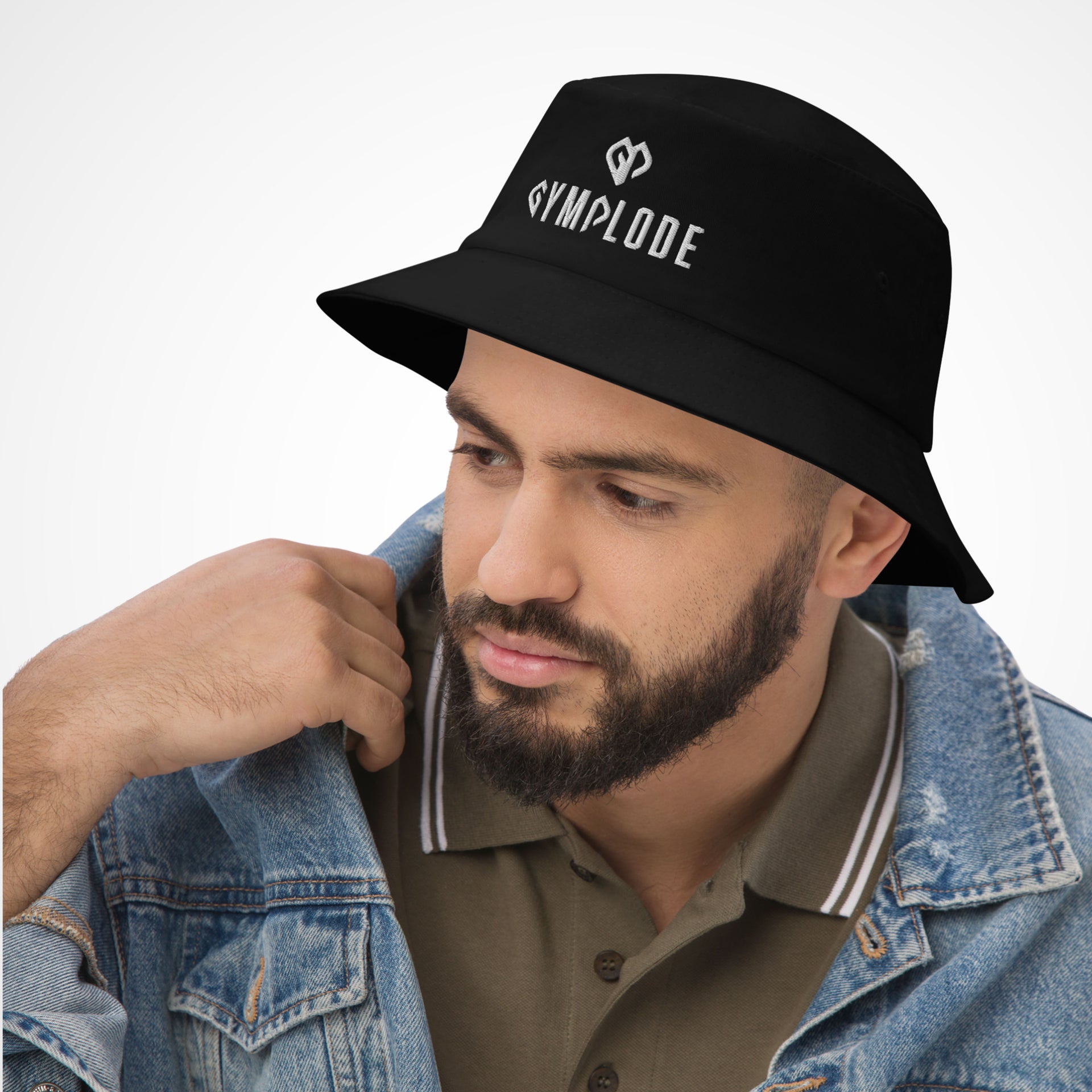 Black coming soon Gymplode bucket hat with white male model