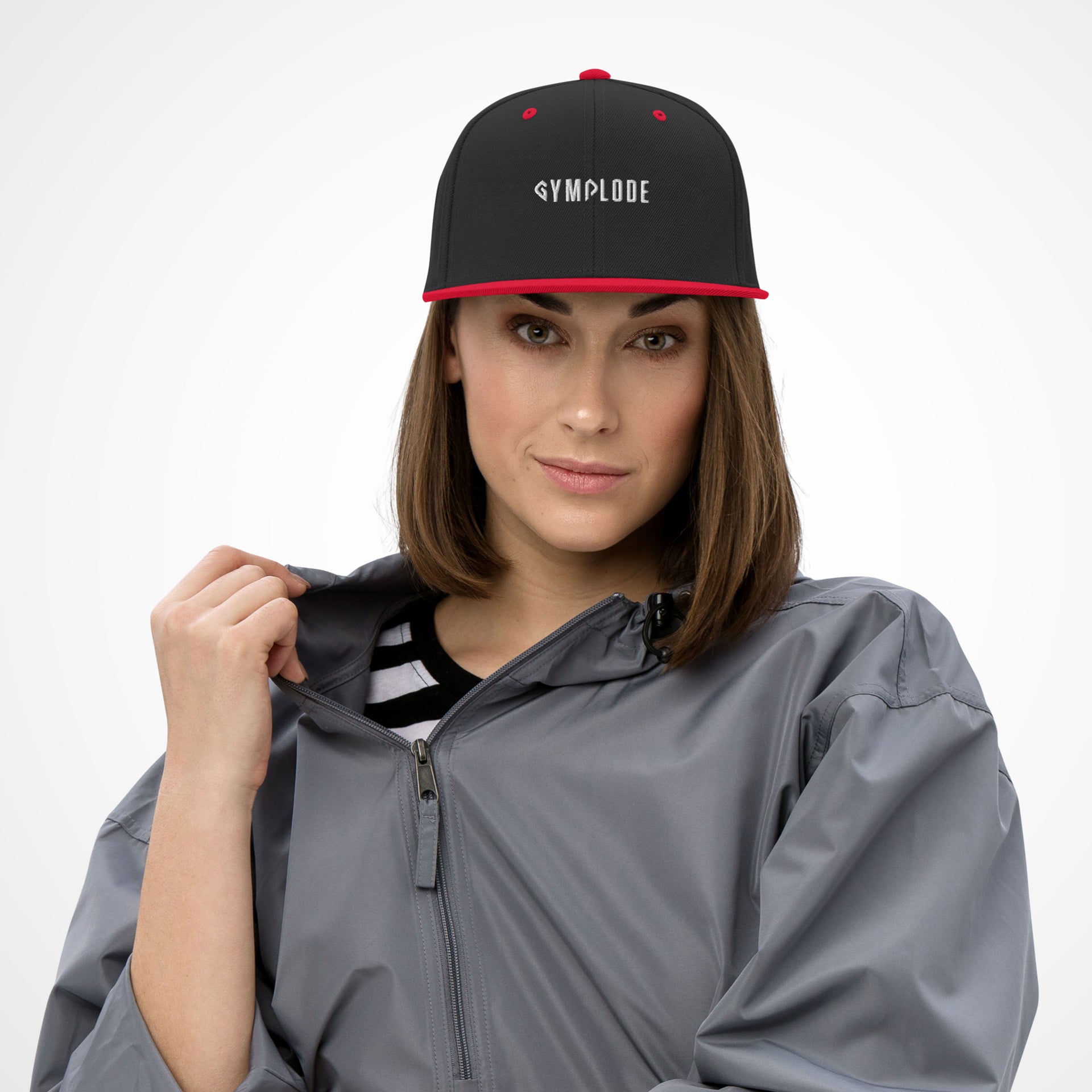 Black with red trim coming soon Gymplode cap with white female model