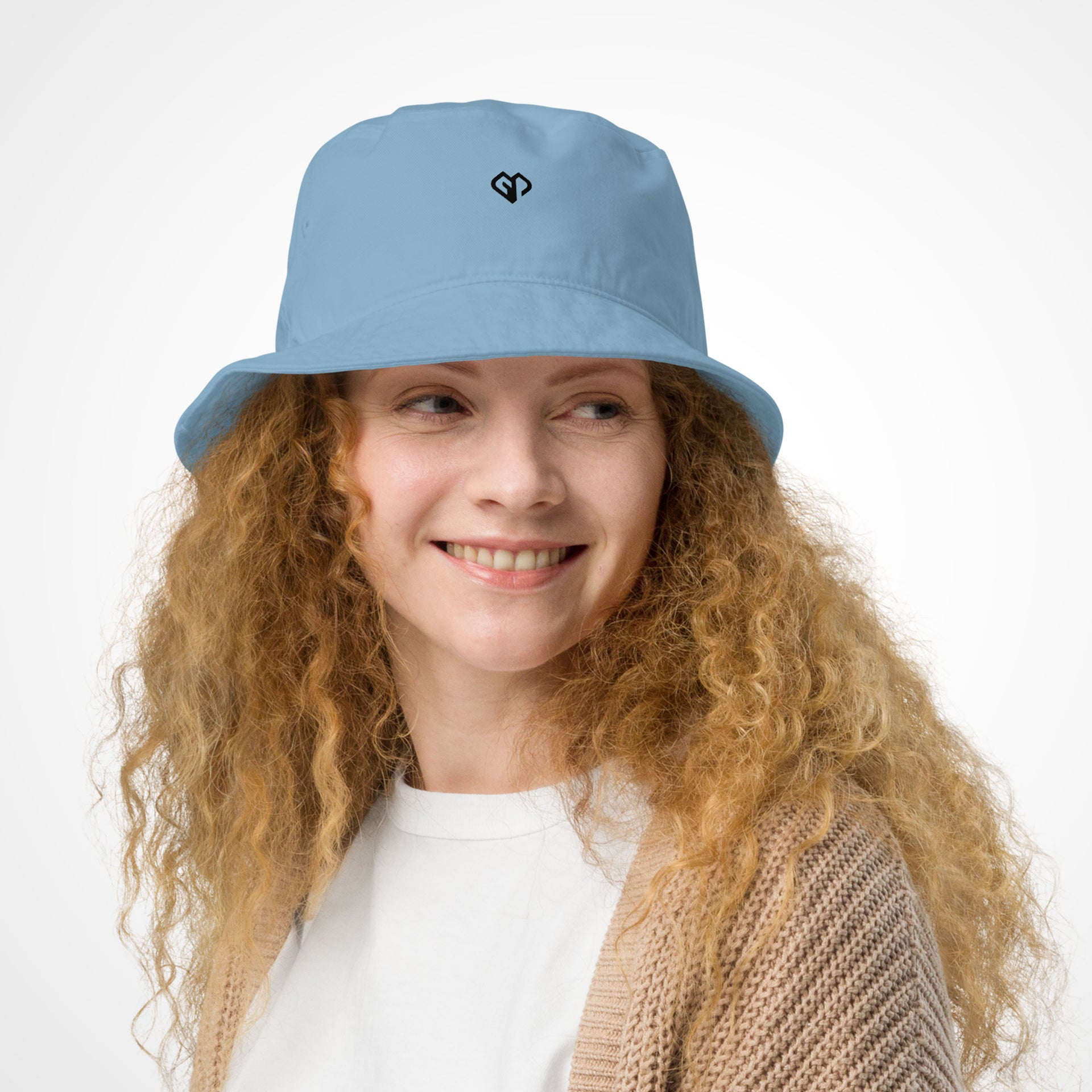 Blue coming soon Gymplode bucket hat with white female model