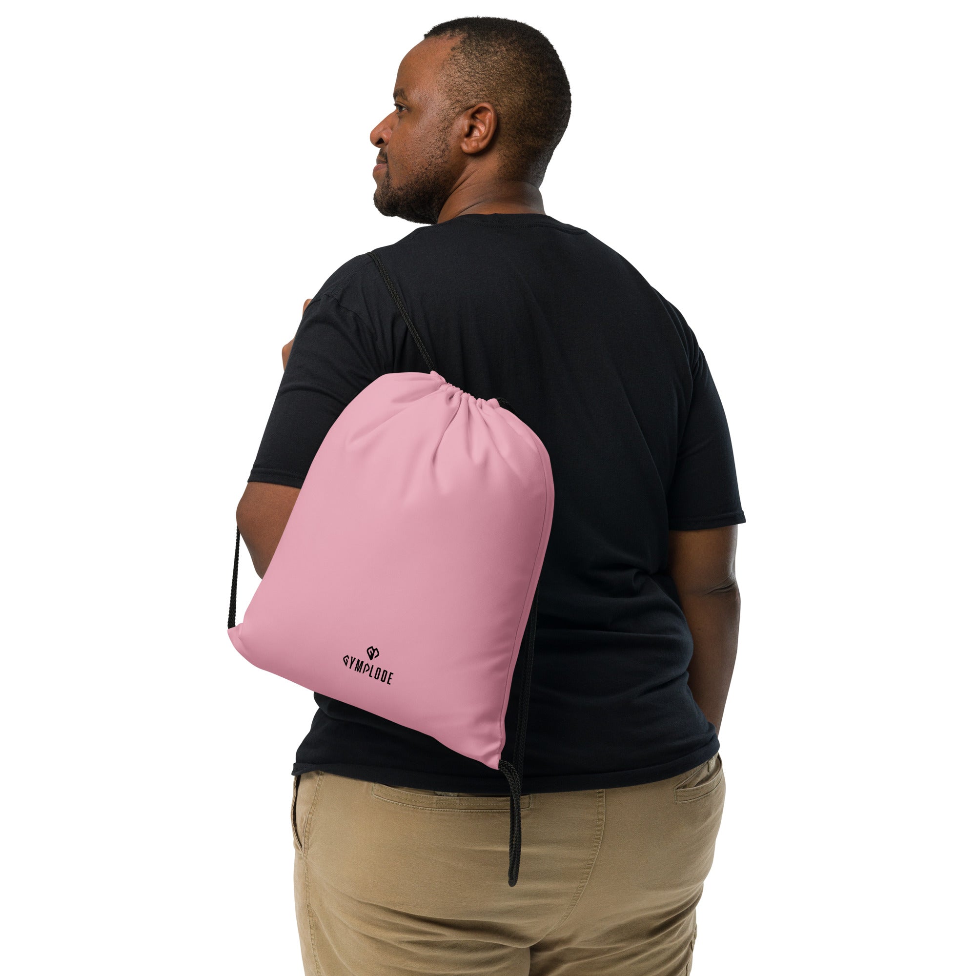 Candy pink lightweight drawstring bag with Gymplode dual mark imprint worn as backpack by male model