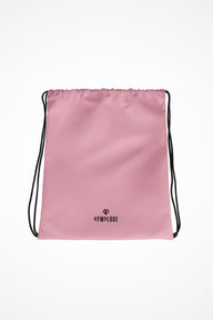 Cand pink lightweight drawstring bag with Gymplode dual mark imprint, front view