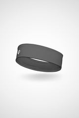 Carbon grey Gymplode headband with icon logo, angled view