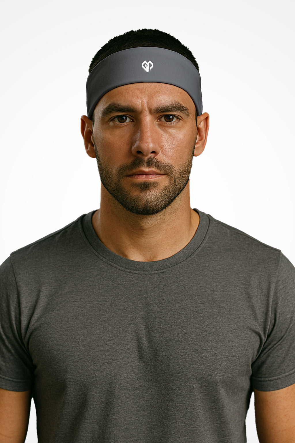 Carbon grey Gymplode headband with icon logo, worn by male model