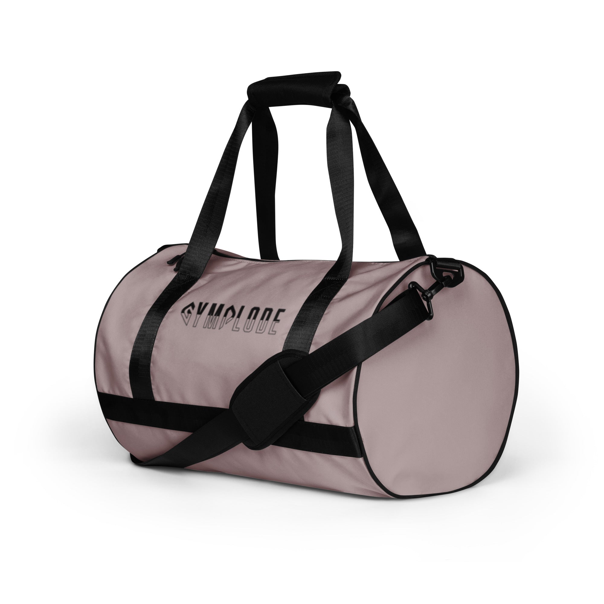 Careys pink rounded end Gymplode duffle bag with signature logo, left front view
