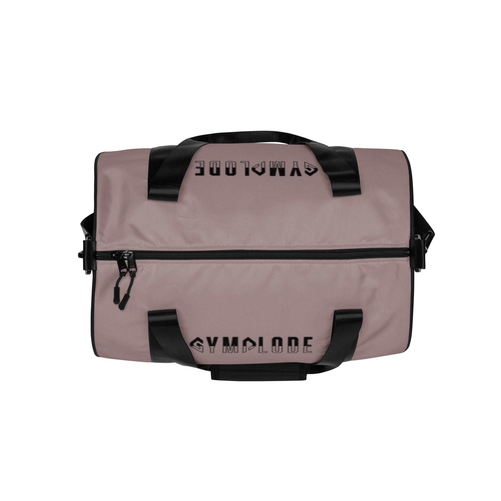 Careys pink rounded end Gymplode duffle bag with signature logo on both sides, top view