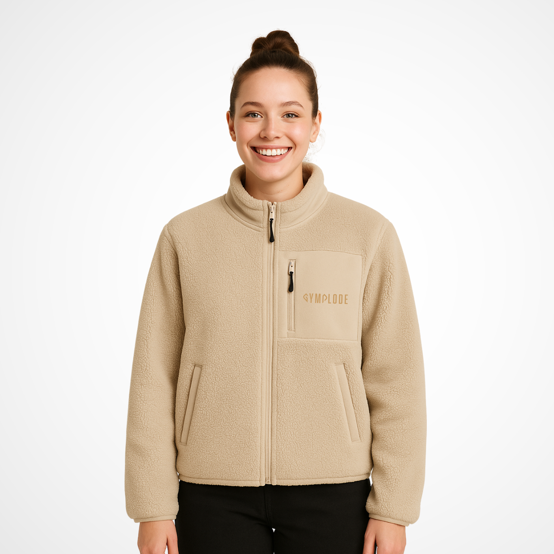 Casualwear coming soon beige Gymplode jacket with white female model