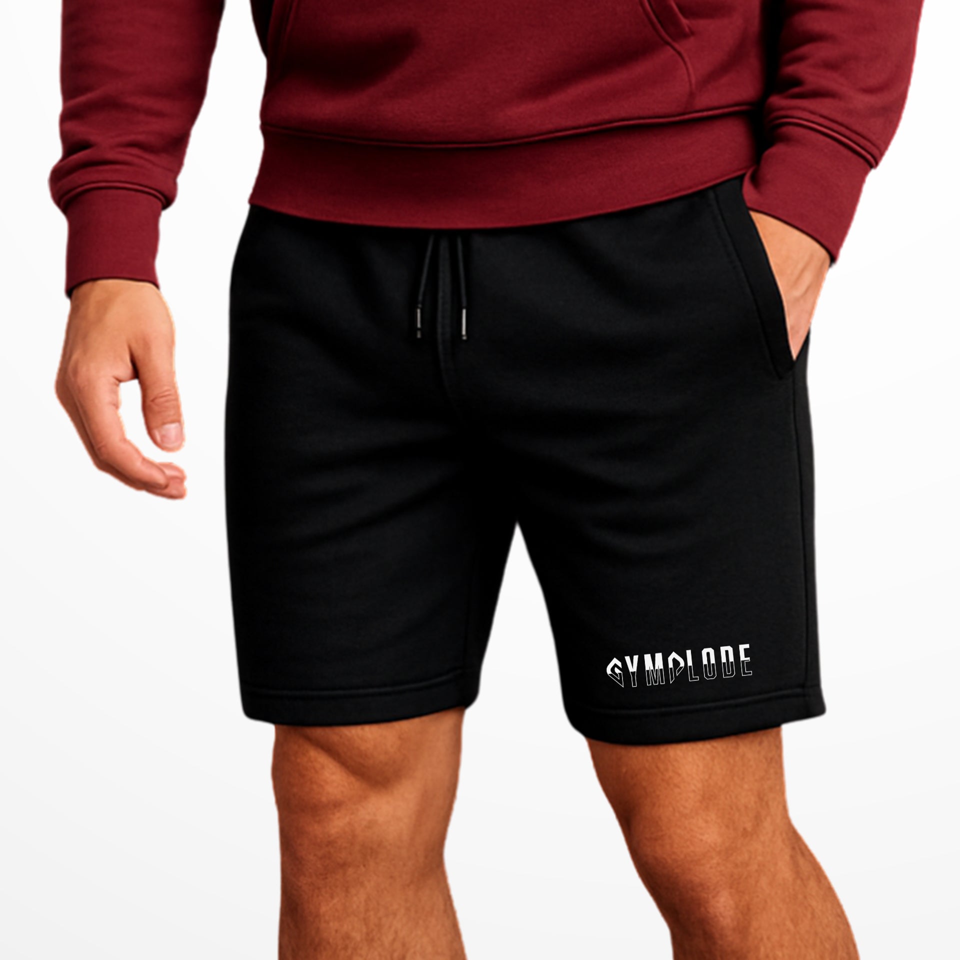 Casualwear coming soon black Gymplode shorts with white male model