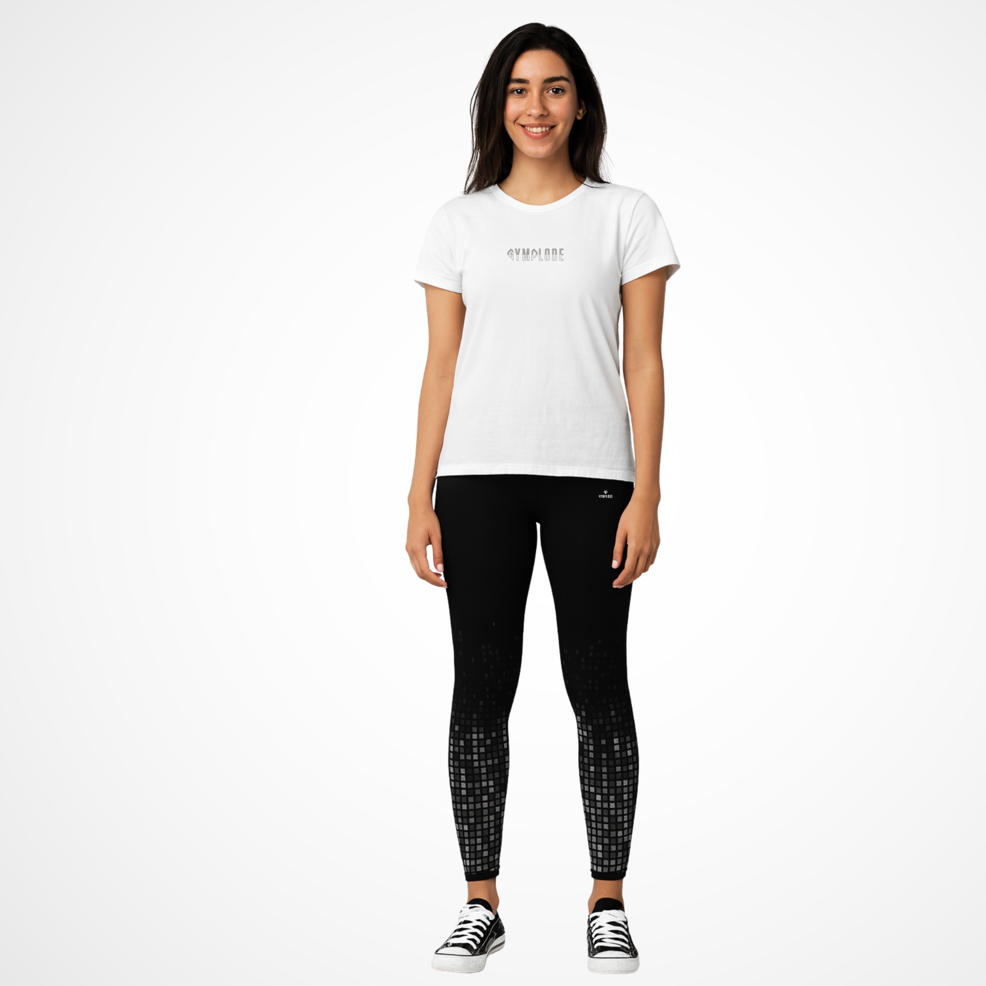 Casualwear coming soon black patterned Gymplode leggings with Hispanic female model