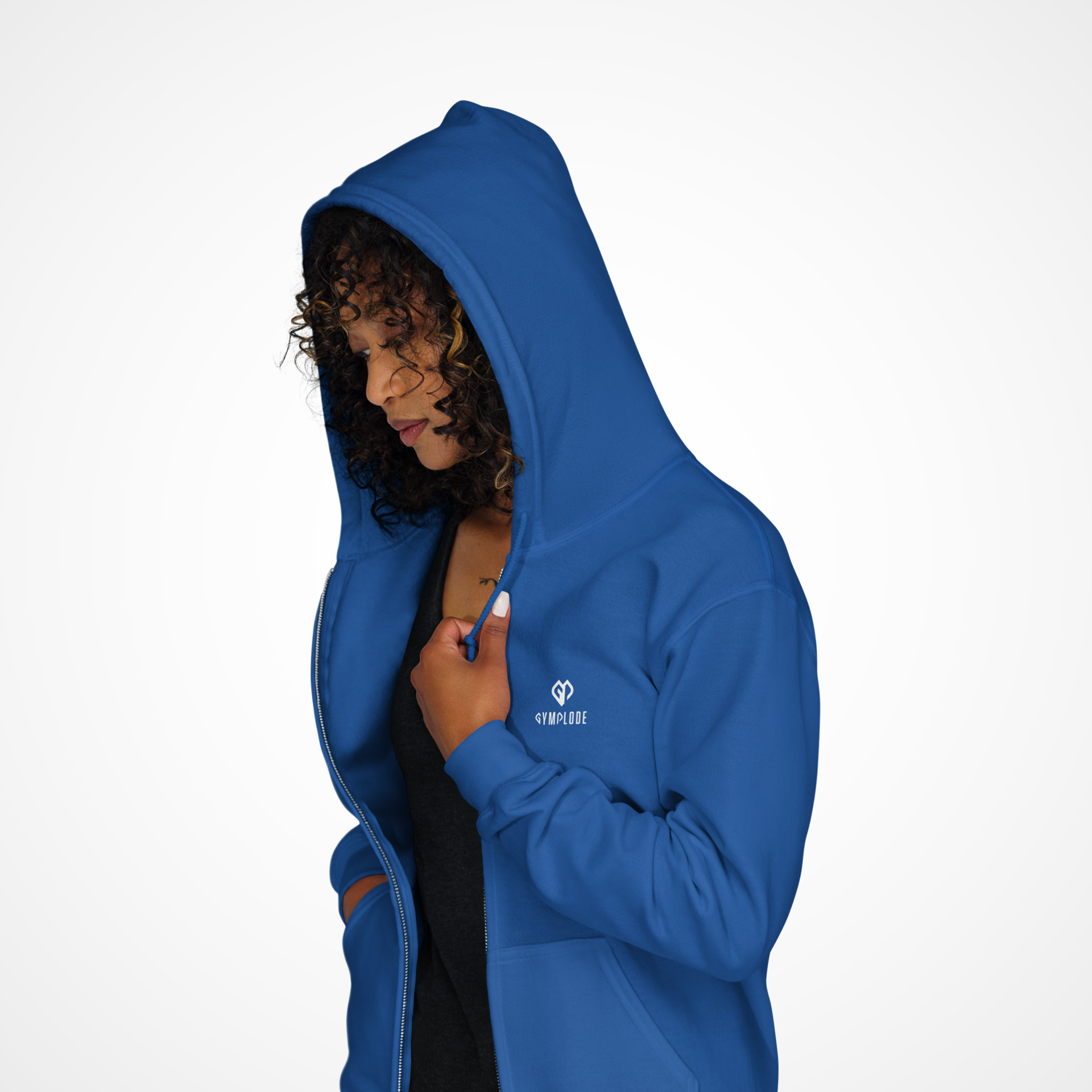 casualwear coming soon blue Gymplode hoodie with black female model