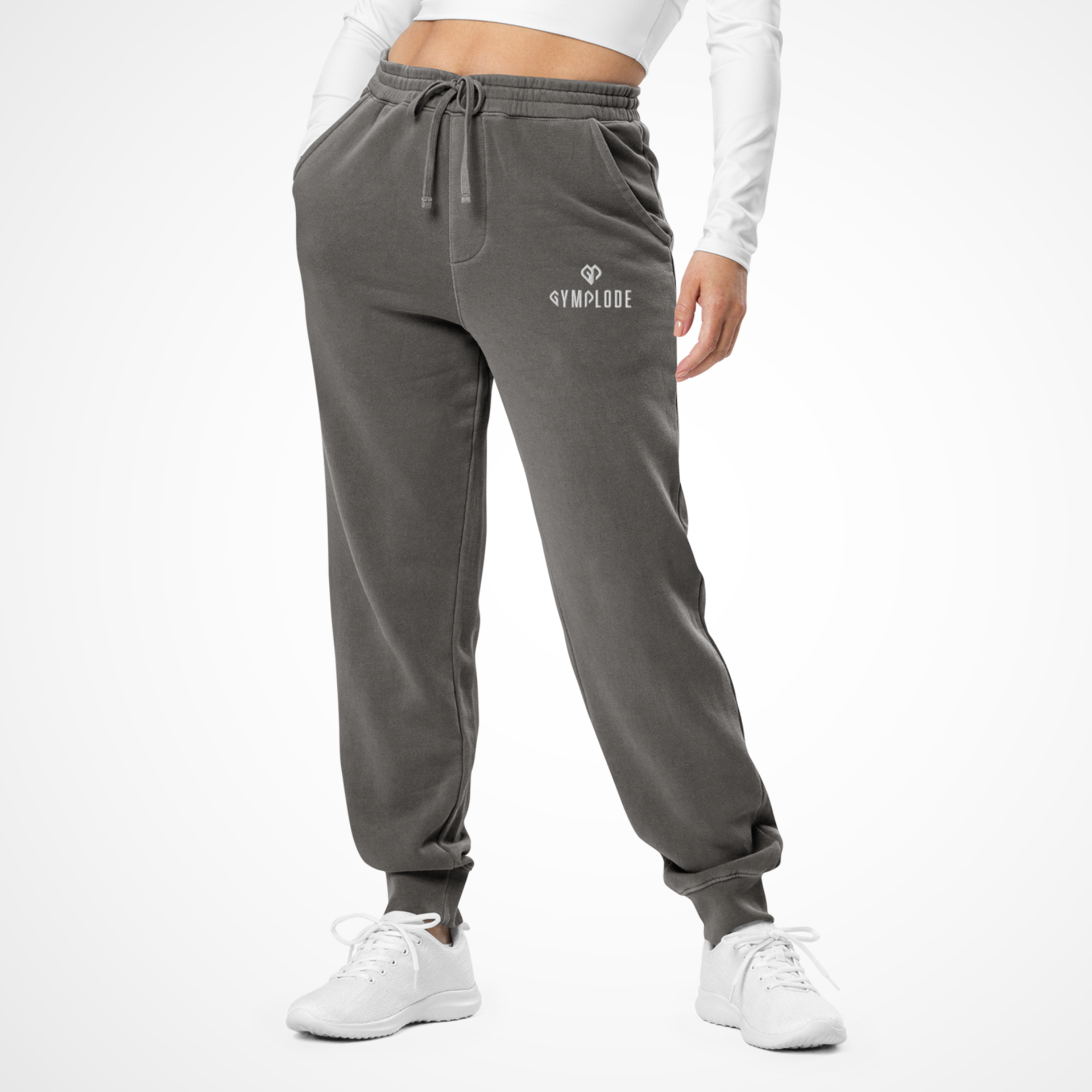 Casualwear coming soon grey Gymplode joggers with white female model