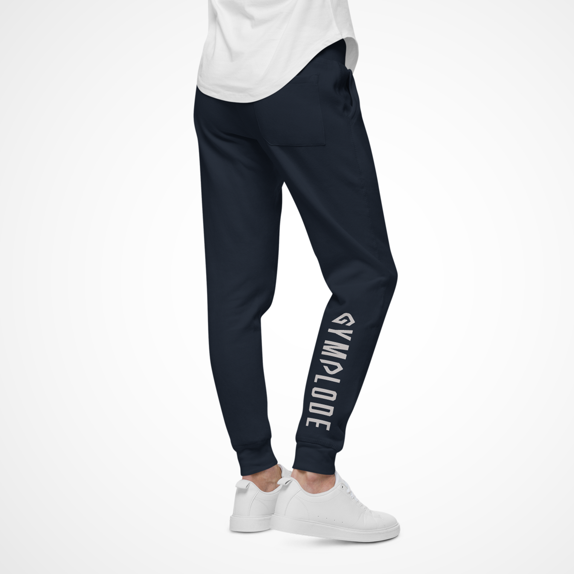 Casualwear coming soon navy blue Gymplode joggers with white male model