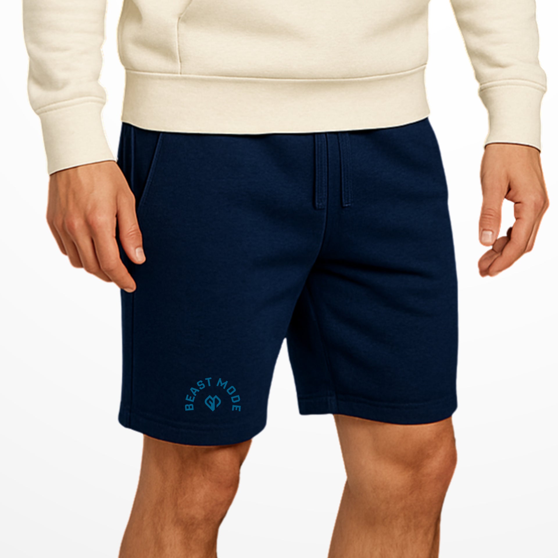 Casualwear coming soon navy Gymplode shorts with white male model
