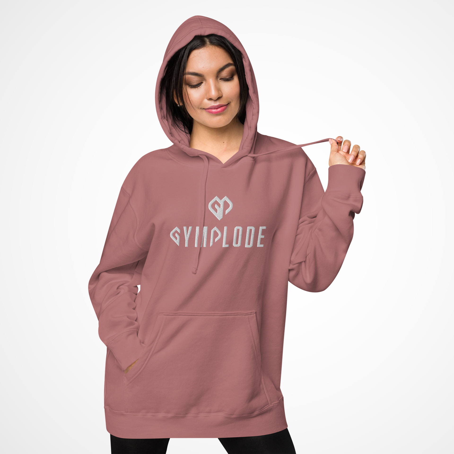 casualwear coming soon pink Gymplode hoodie with white female model