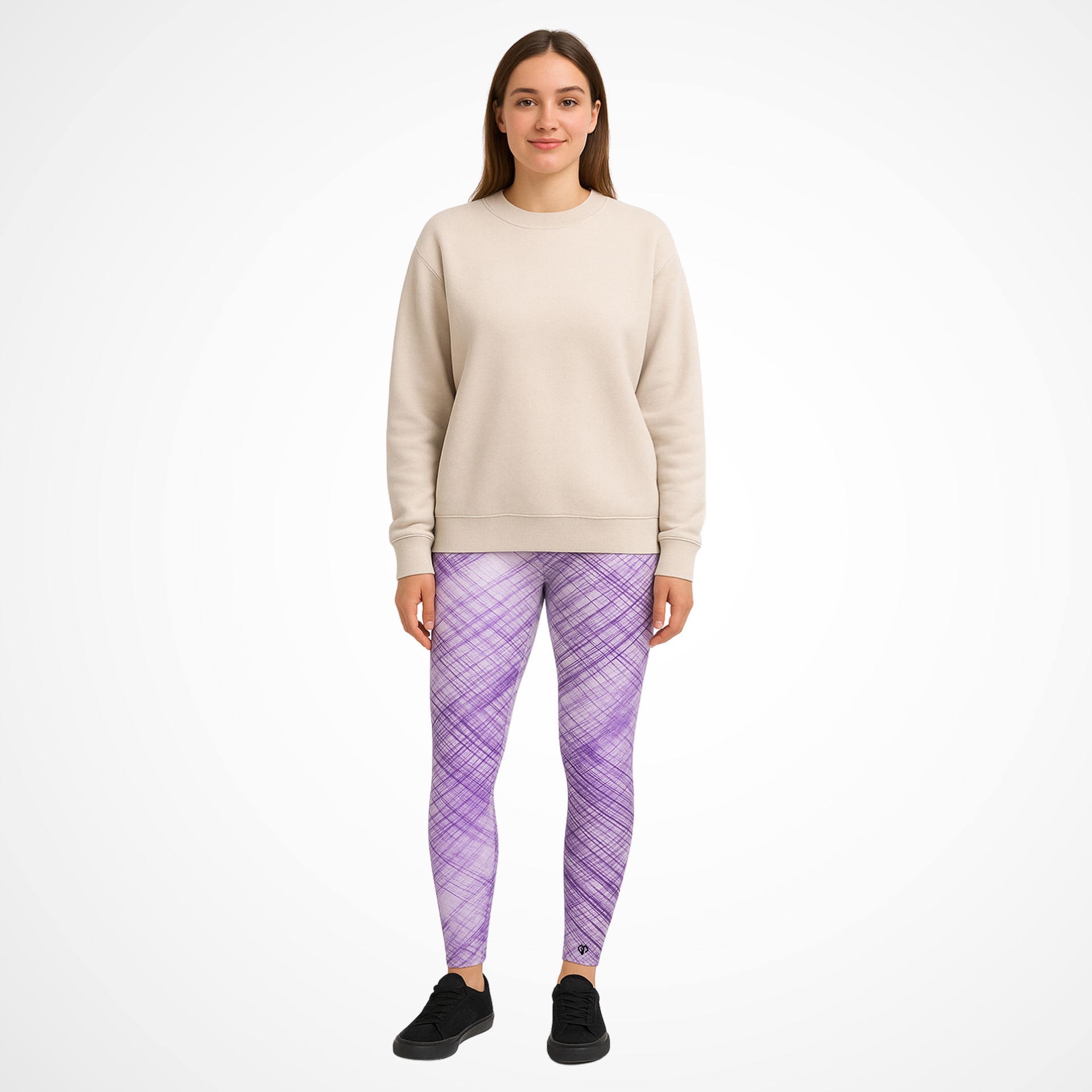 Casualwear coming soon purple patterned Gymplode leggings with white female model