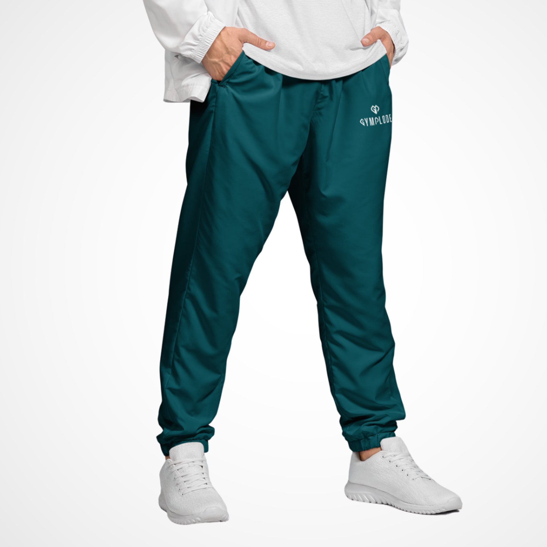 Casualwear coming soon teal Gymplode joggers with white male model