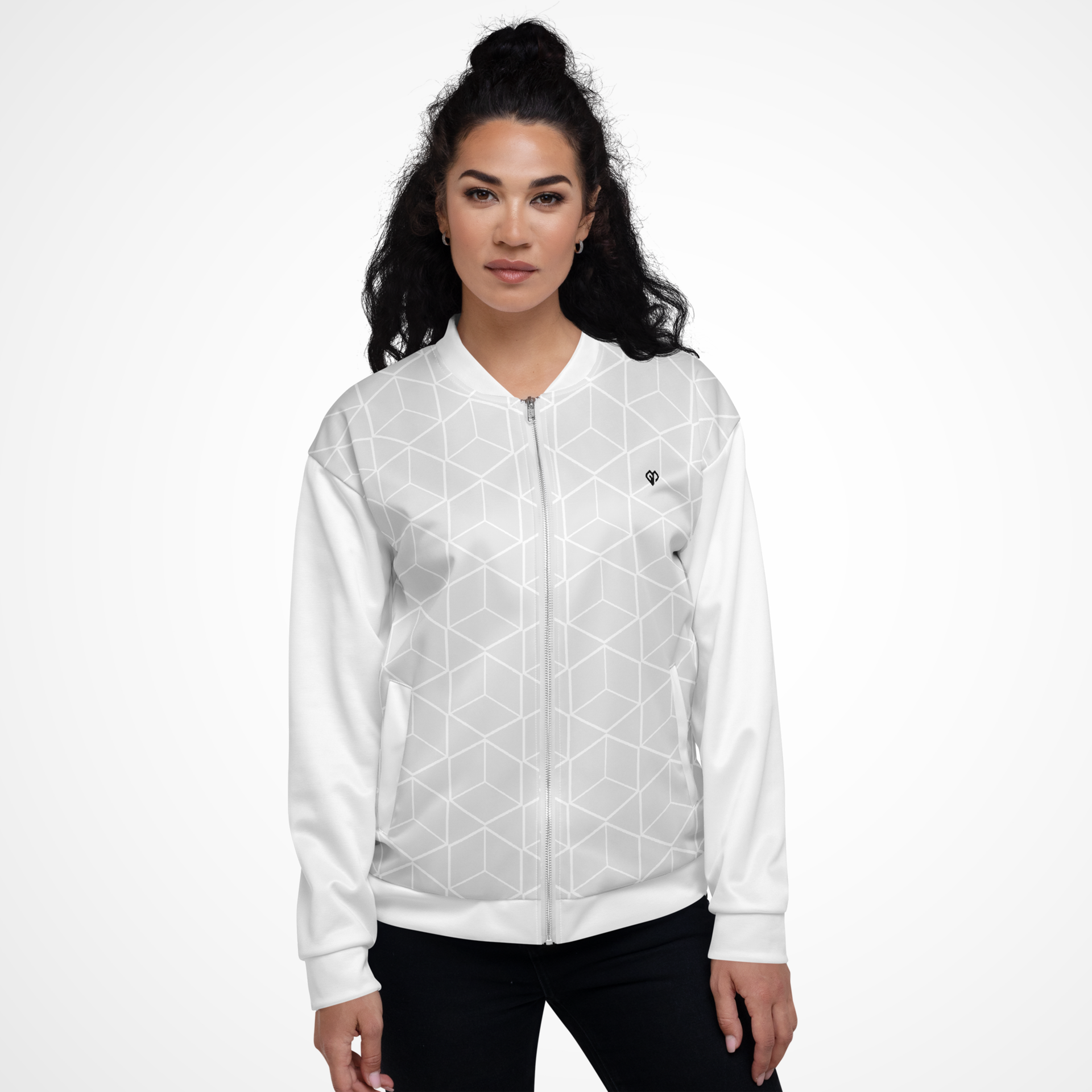 Casualwear coming soon white geometric patterned Gymplode jacket with mix raced female model