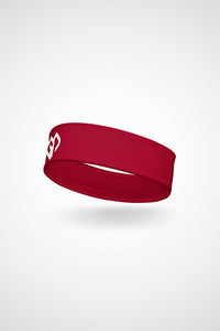 Cherry red Gymplode headband with icon logo, angled view