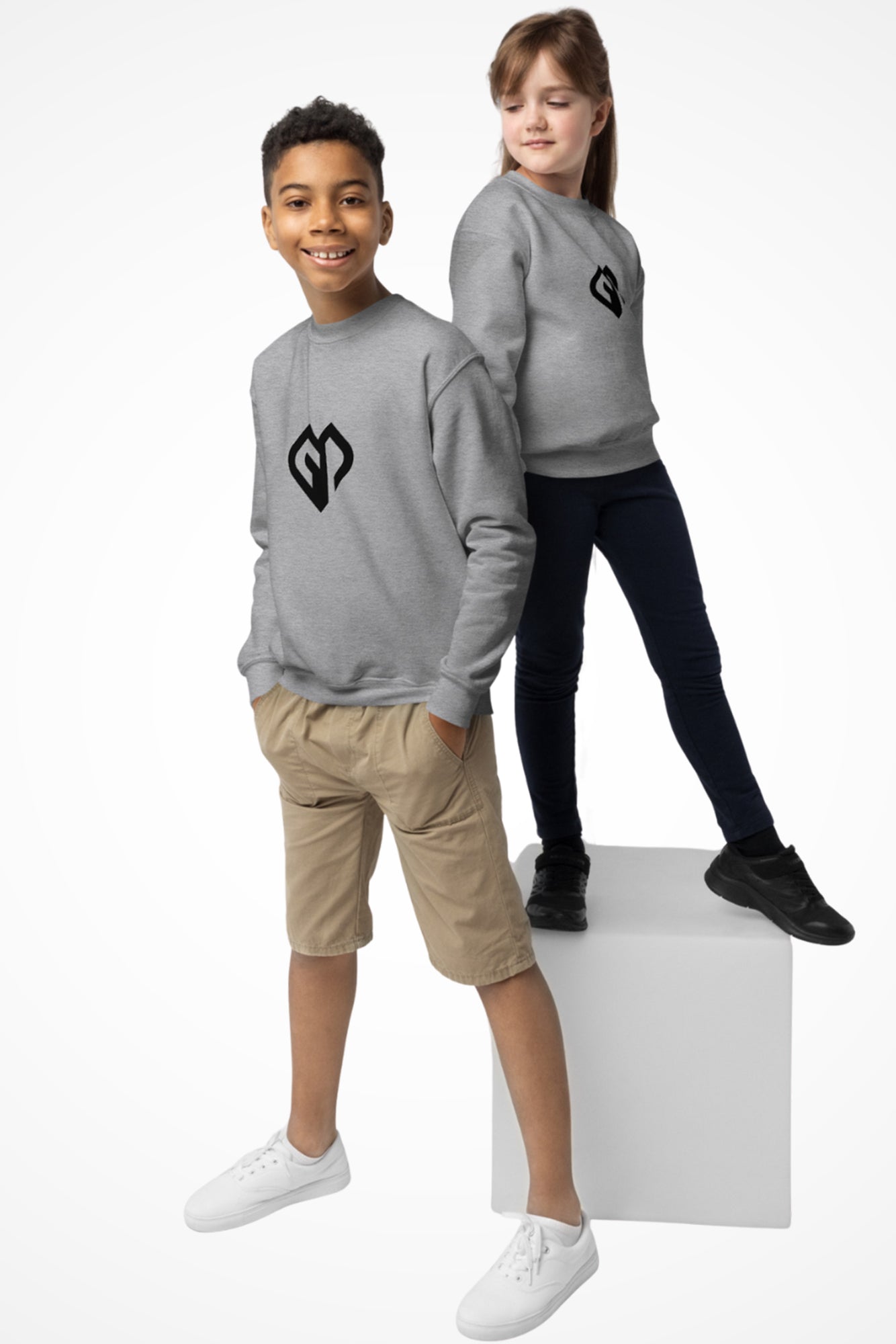 Clean Look kids unisex Gymplode crewneck sweatshirt with icon logo, front view with model