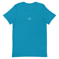 Comfy unisex casual aqua Gymplode t-shirt with dual mark imprint, front view