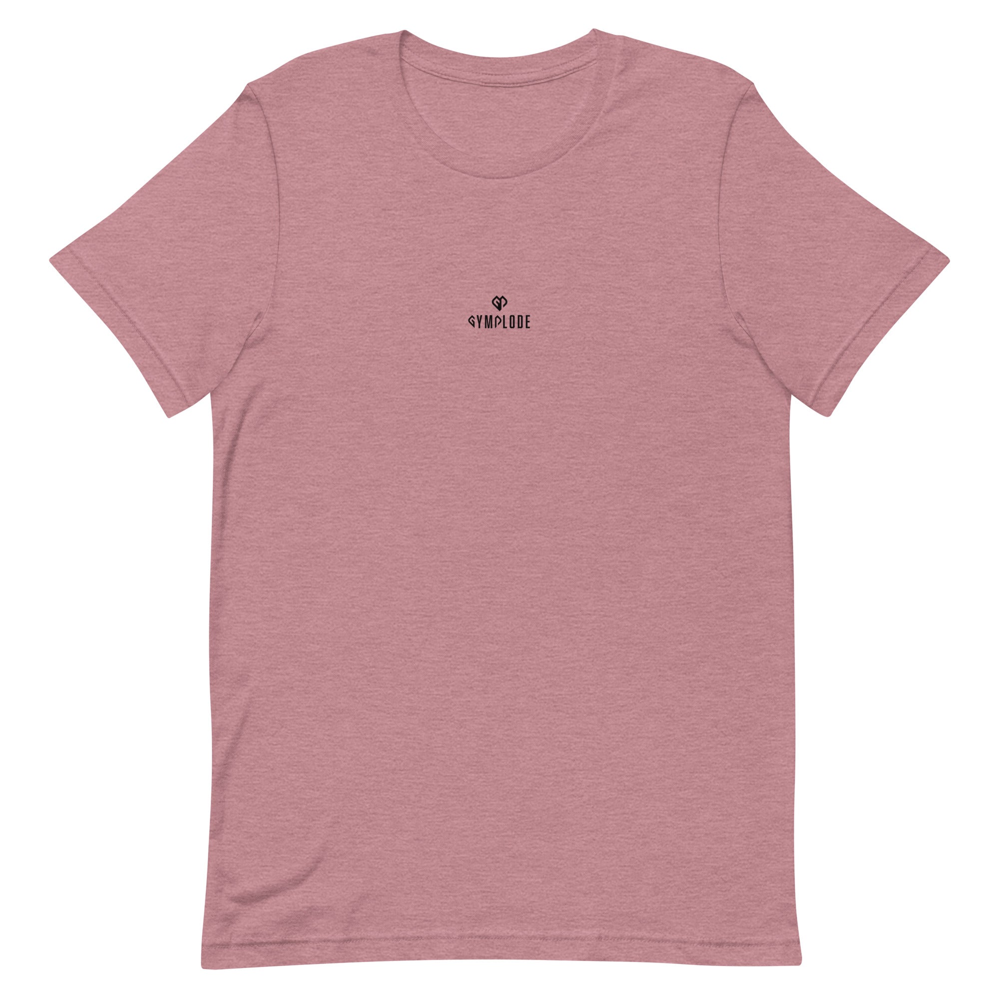 Comfy unisex casual heather orchid Gymplode t-shirt with dual mark imprint, front view