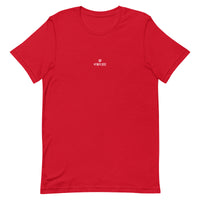 Comfy unisex casual red Gymplode t-shirt with dual mark imprint, front view