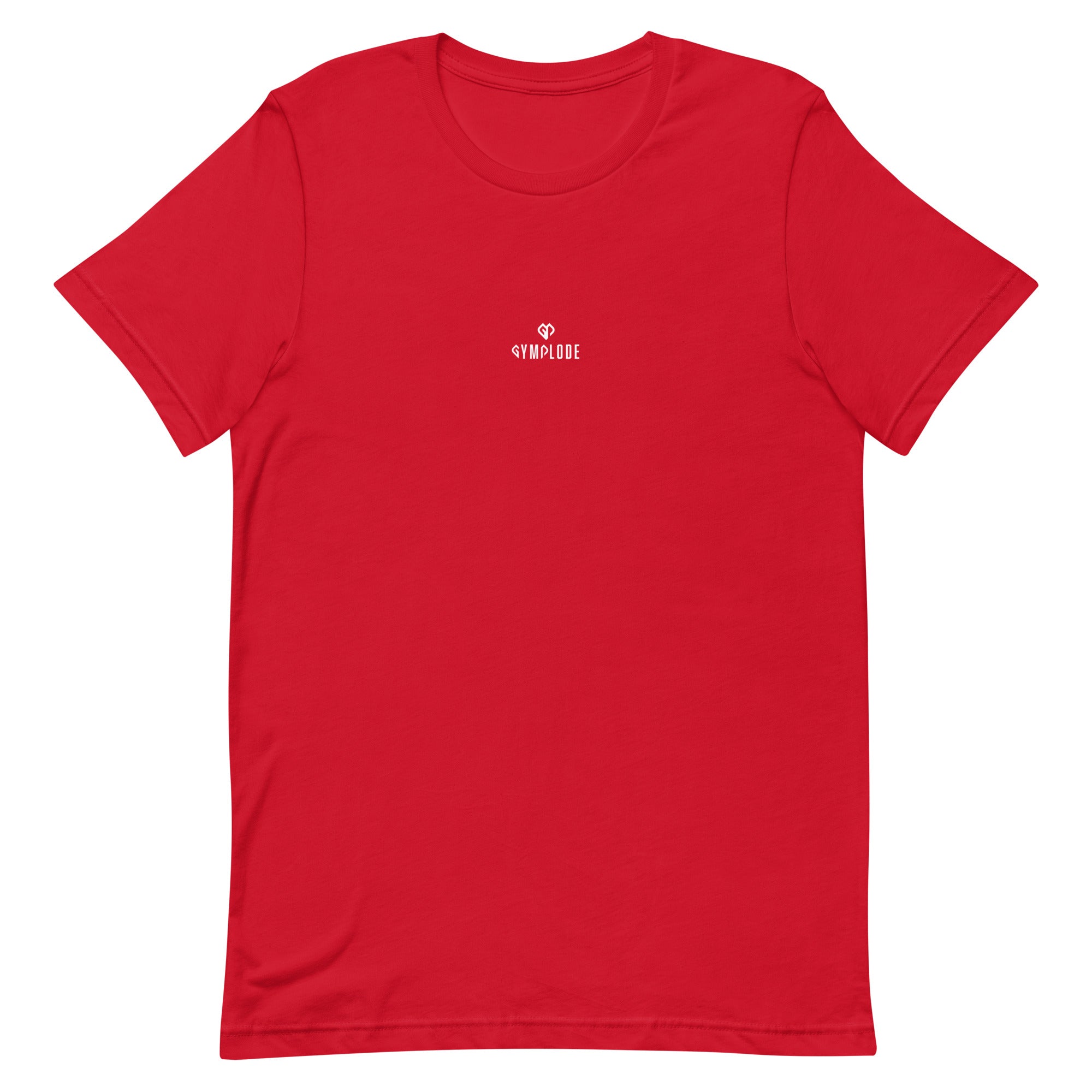 Comfy unisex casual red Gymplode t-shirt with dual mark imprint, front view