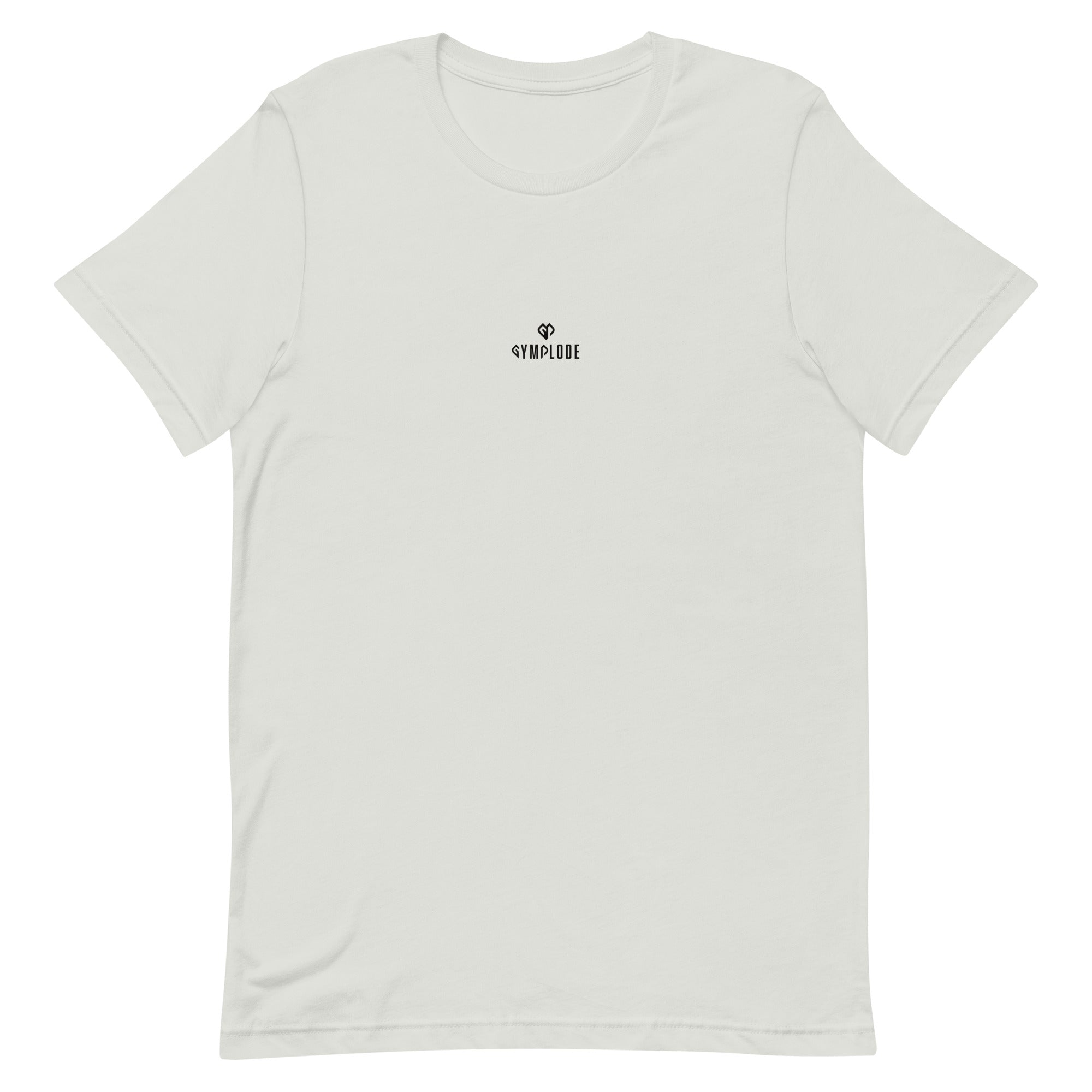Comfy unisex casual silver Gymplode t-shirt with dual mark imprint, front view
