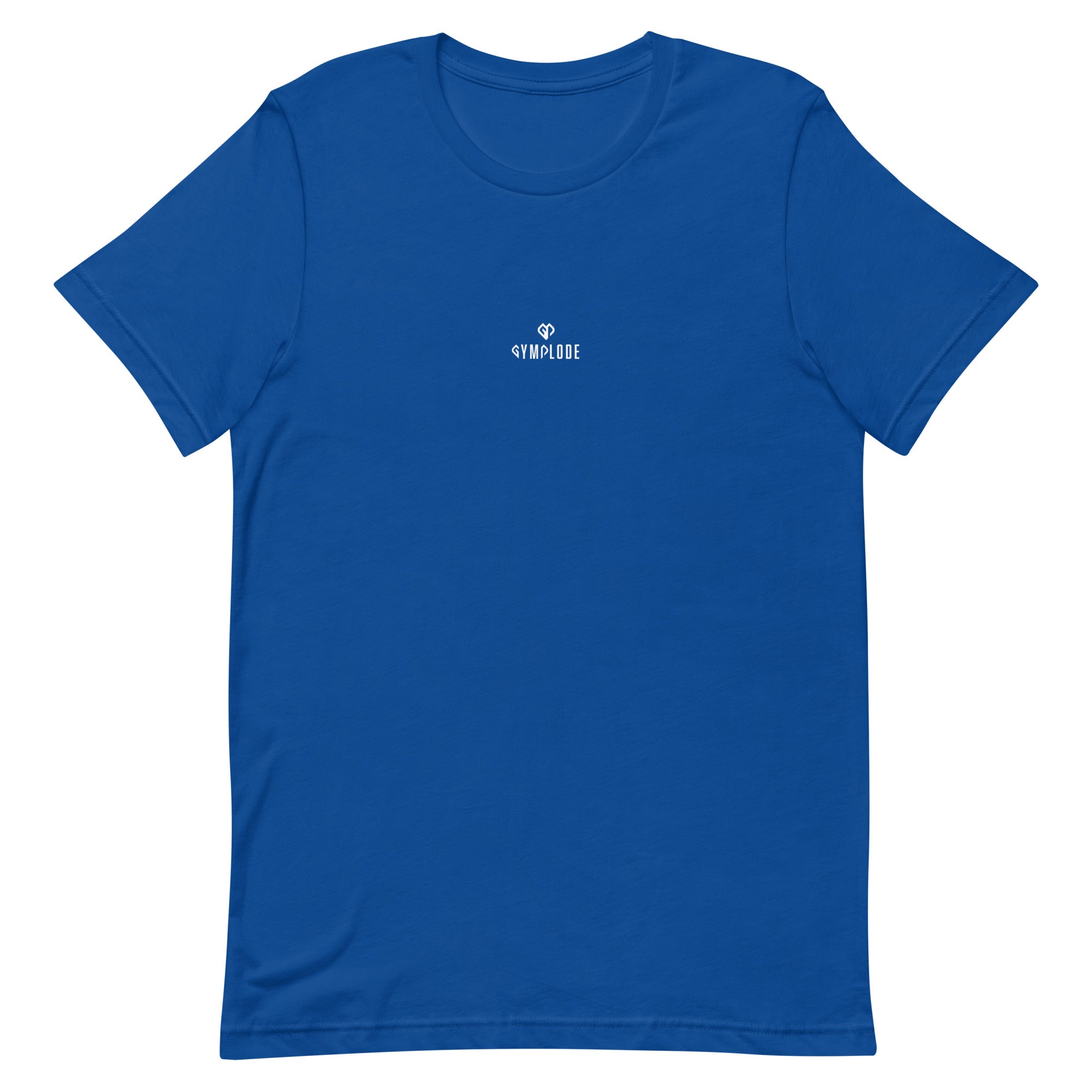 Comfy unisex casual true royal Gymplode t-shirt with dual mark imprint, front view