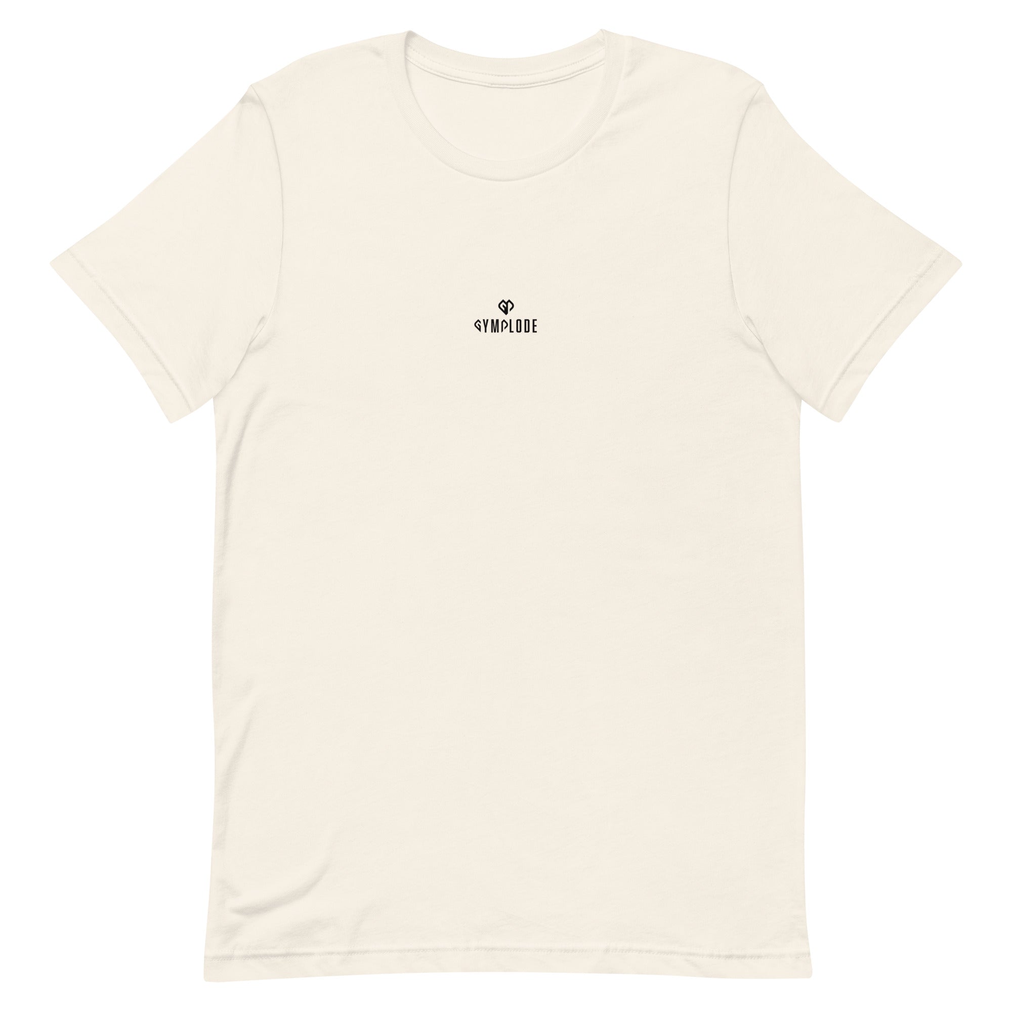 Comfy unisex casual vintage white Gymplode t-shirt with dual mark imprint, front view