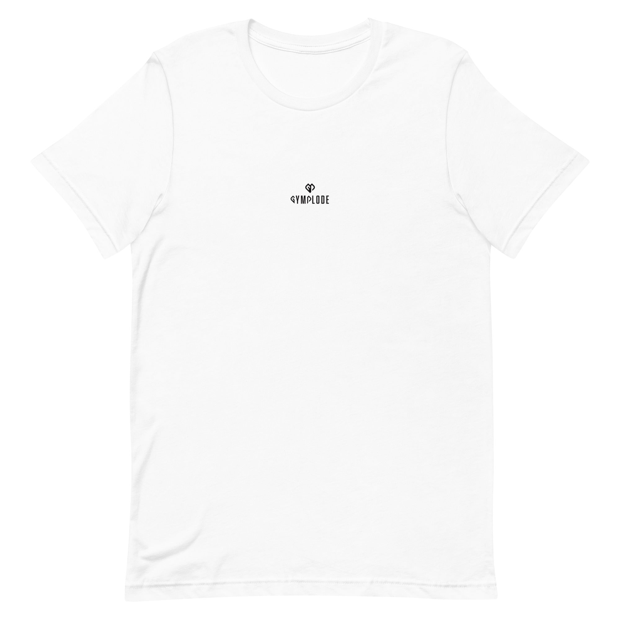 Comfy unisex casual white Gymplode t-shirt with dual mark imprint, front view