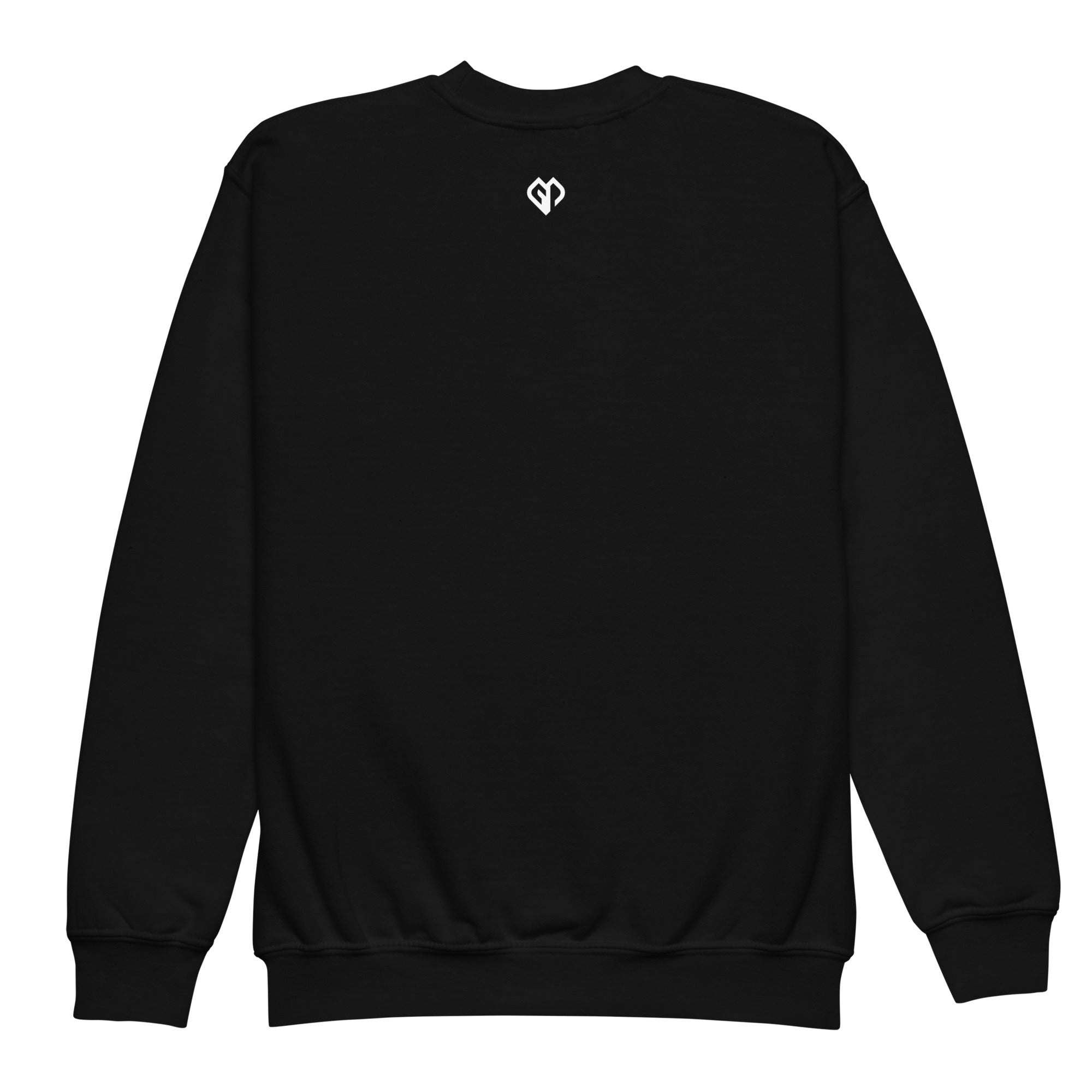 Cool youth unisex black Gymplode crewneck sweatshirt with icon logo, back view