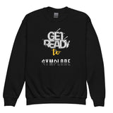 Cool youth unisex black Gymplode crewneck sweatshirt with signature logo, front view