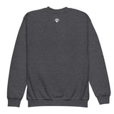 Cool youth unisex dark heather Gymplode crewneck sweatshirt with icon logo, back view